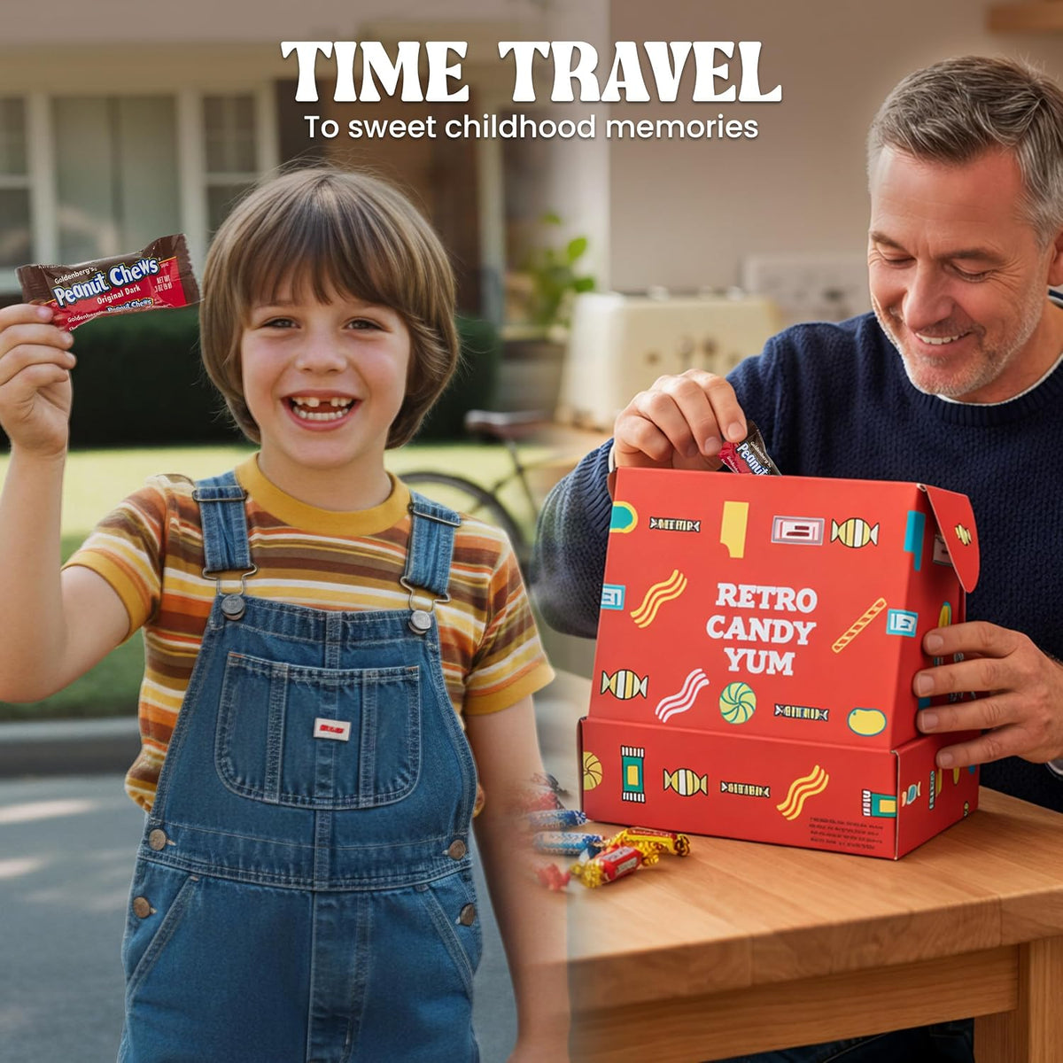 Detailed shot of the retro branding on the RETRO CANDY YUM 1976 birthday gift pack.