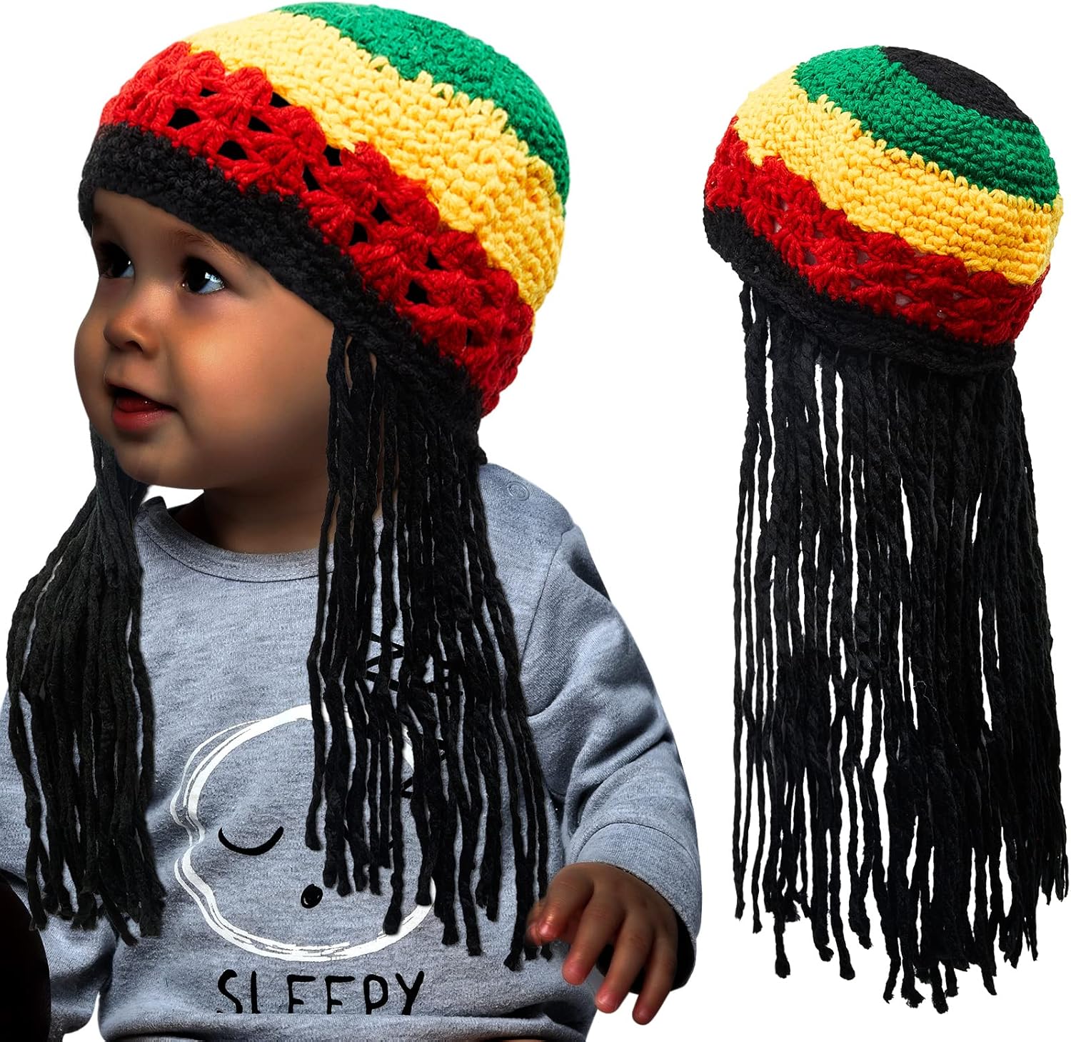 Geyoga Rasta hat with long black dreadlocks front view for kids