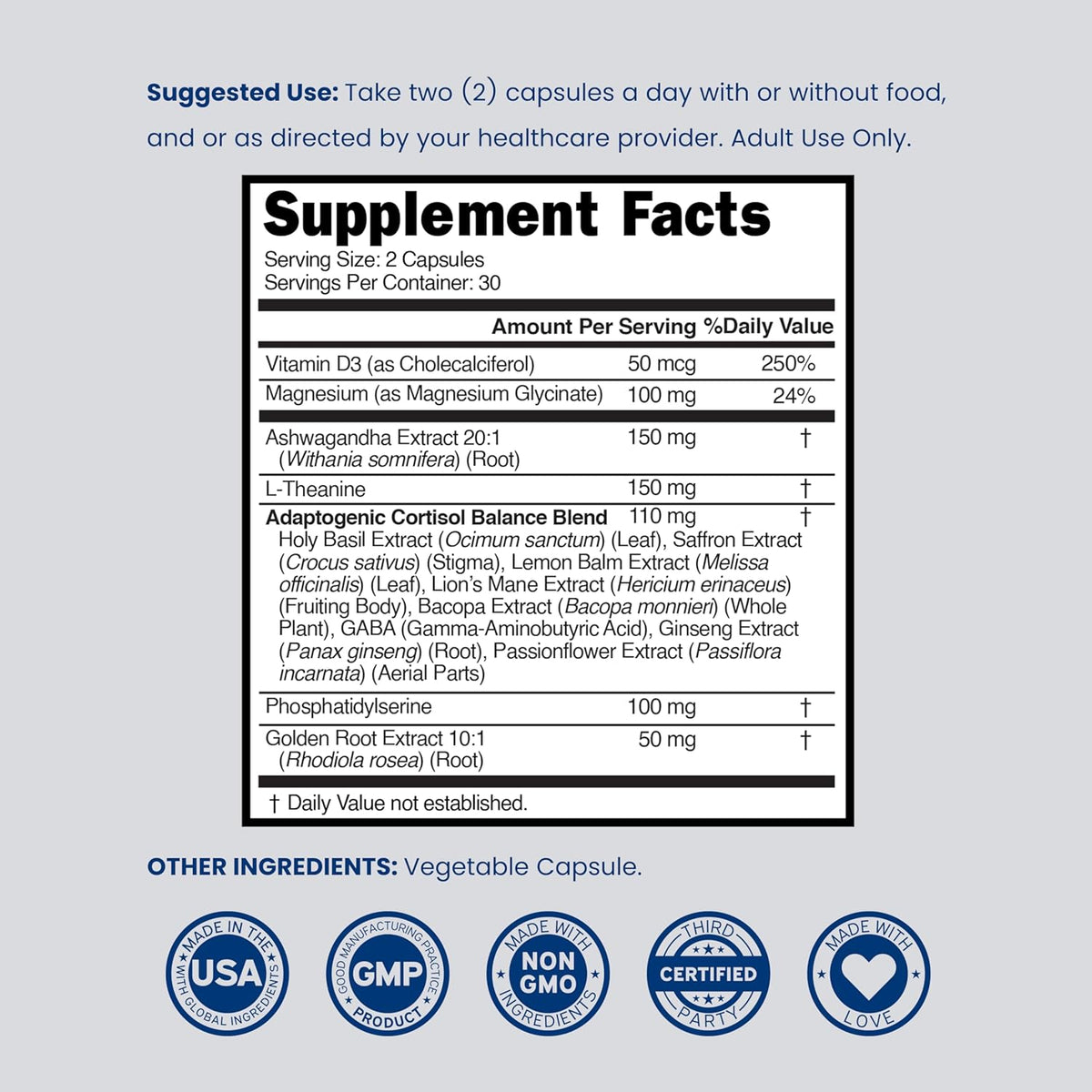 Back label of Dorado Nutrition cortisol health support supplement