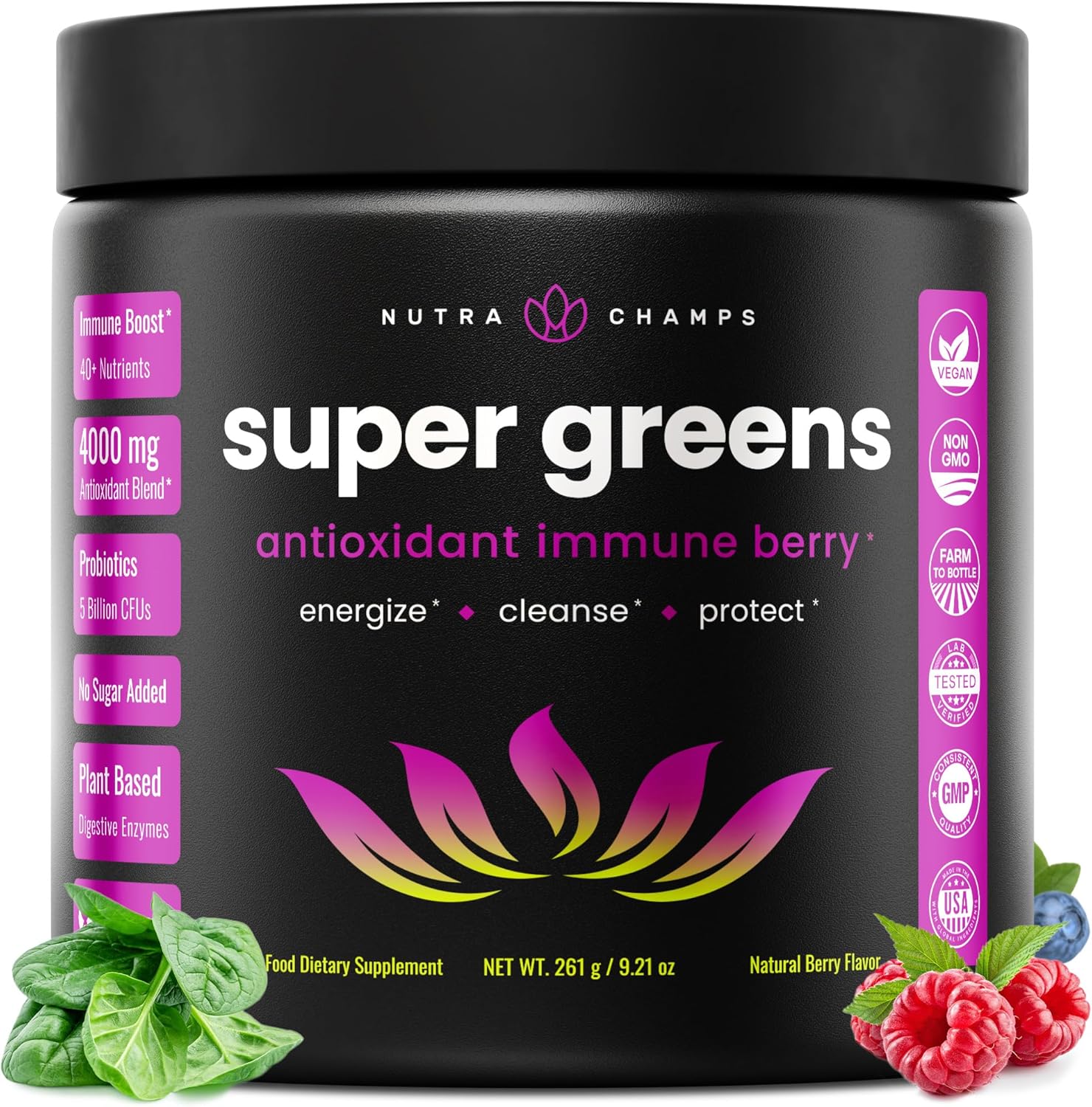 NutraChamps Super Greens Powder Premium Superfood front view packaging showcasing organic certification icons.