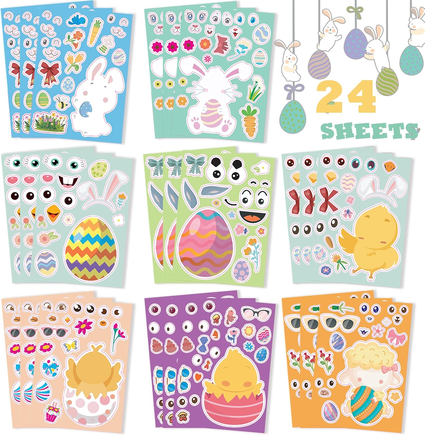 BEFIVECOK 24 Sheets Easter Stickers for Kids front view showing colorful cartoon bunny and egg designs for DIY holiday crafting.