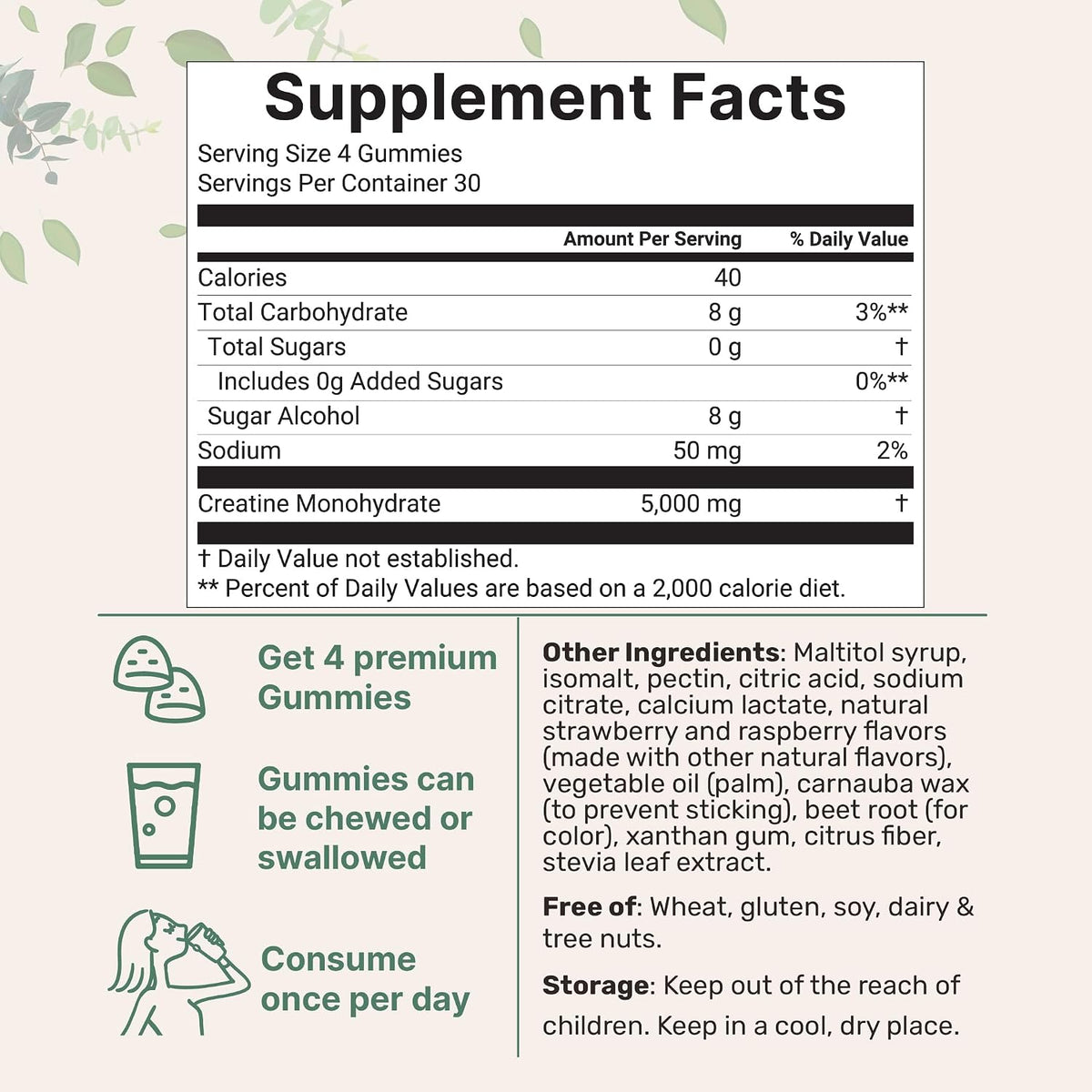Micro Ingredients Creatine Monohydrate Gummies nutritional supplement facts panel