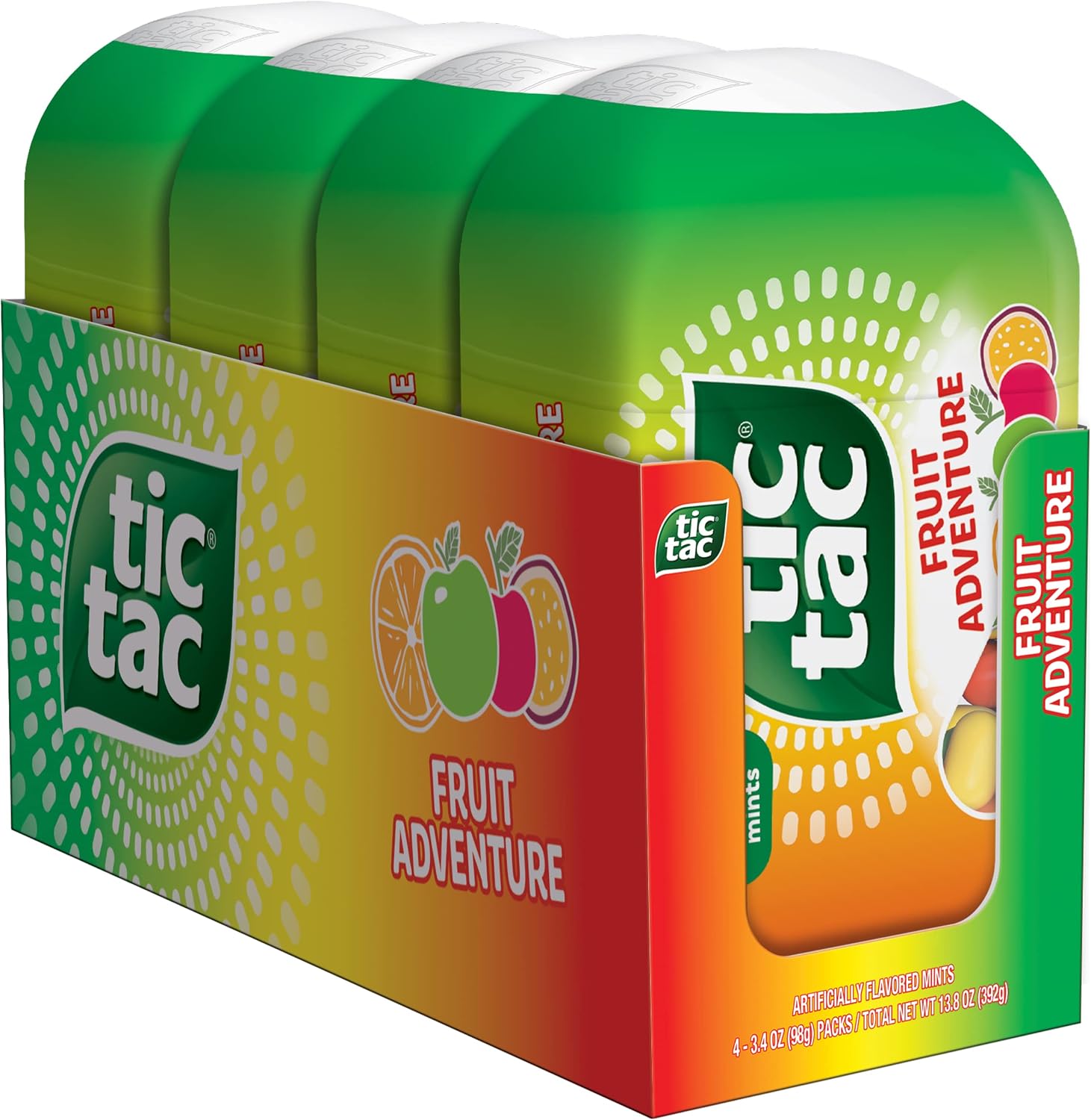 Tic Tac Fruit Adventure four bottle pack front view showcasing imported fruit candies