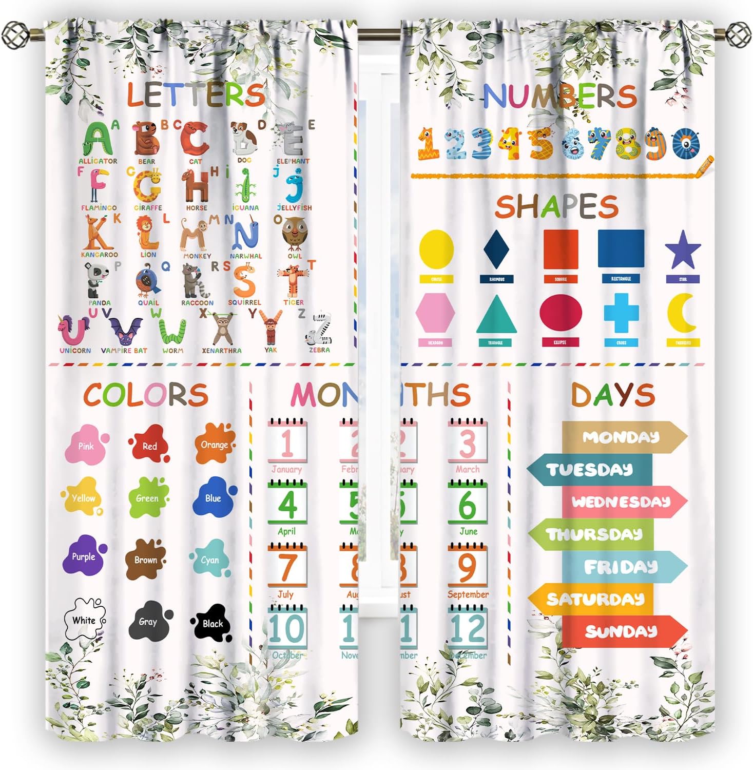 YCness ABC Alphabet Curtains front view displaying full educational cartoon print for children's rooms.