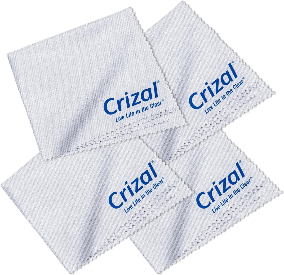 Crizal microfiber cleaning cloths four pack front packaging view for premium eyeglasses care.
