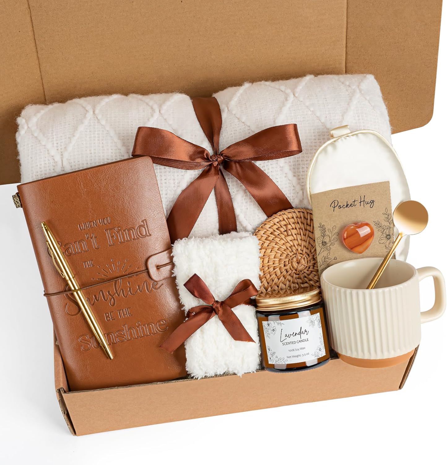 Suhctuptx self care gift basket for women open front view showing premium curated items inside the elegant box