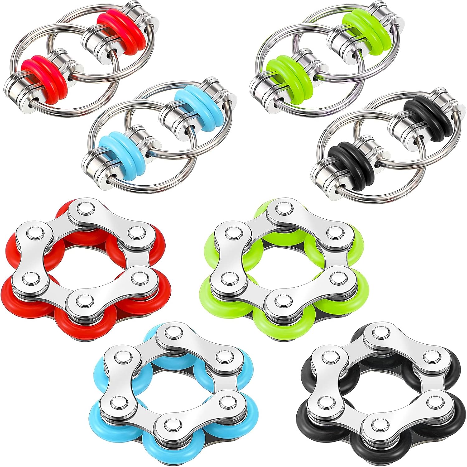 Hicarer 8 Pieces Fidget Toys Set front view showing the complete assortment of red sky blue green and black roller chains