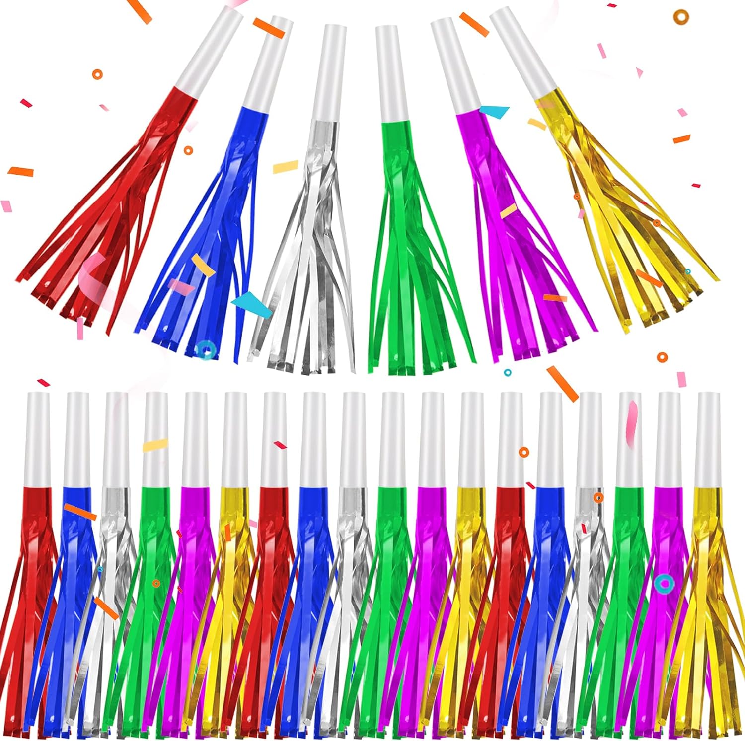 TKYZMS 24 pack metallic fringe party blowers front view
