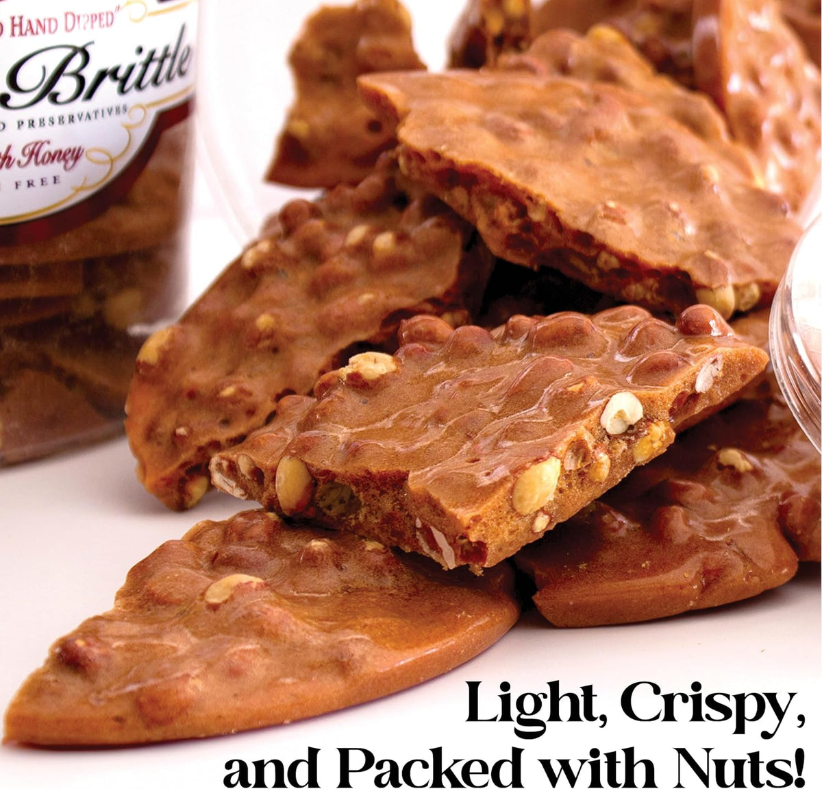 Preservative free light and crunchy honey peanut brittle pieces