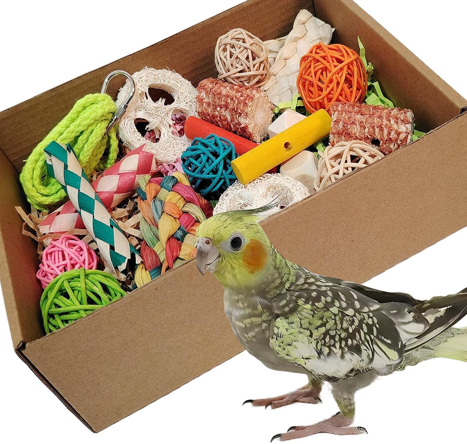 Kencunay colorful parrot foraging and tearing toy box front view filled with natural bird shredding materials
