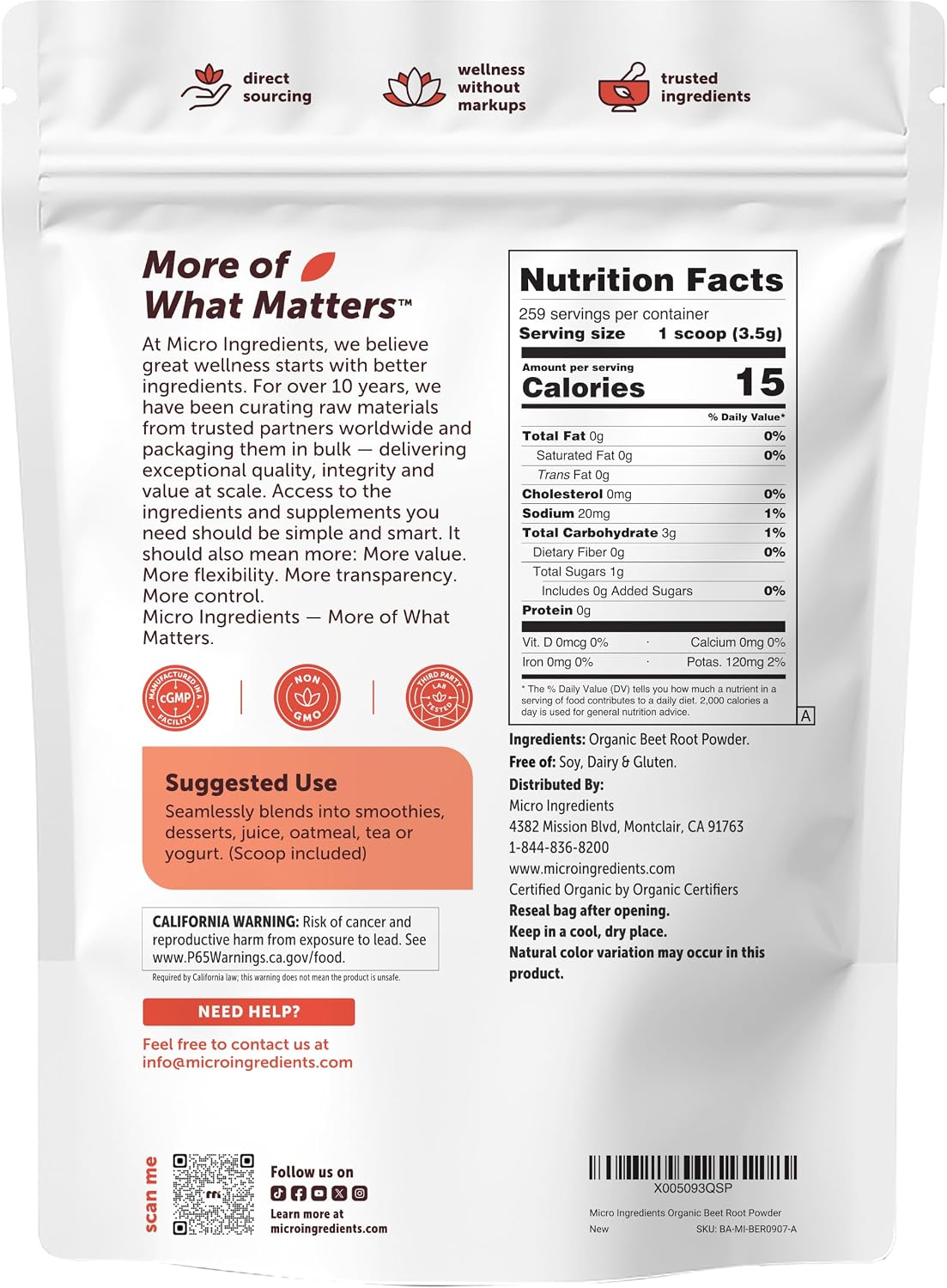 Micro Ingredients organic beet root powder side angle view
