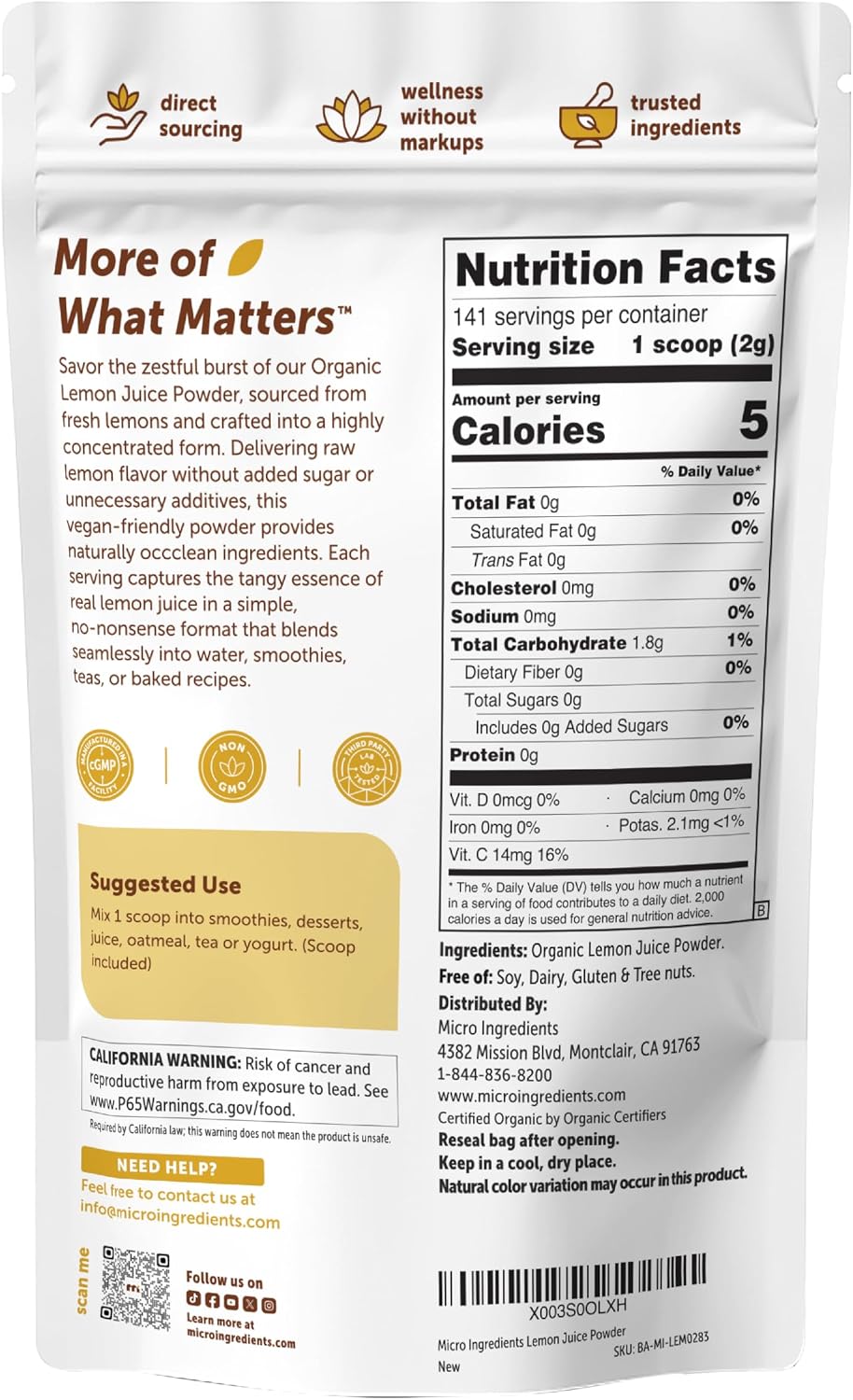 Micro Ingredients Organic Lemon Juice Powder back label details