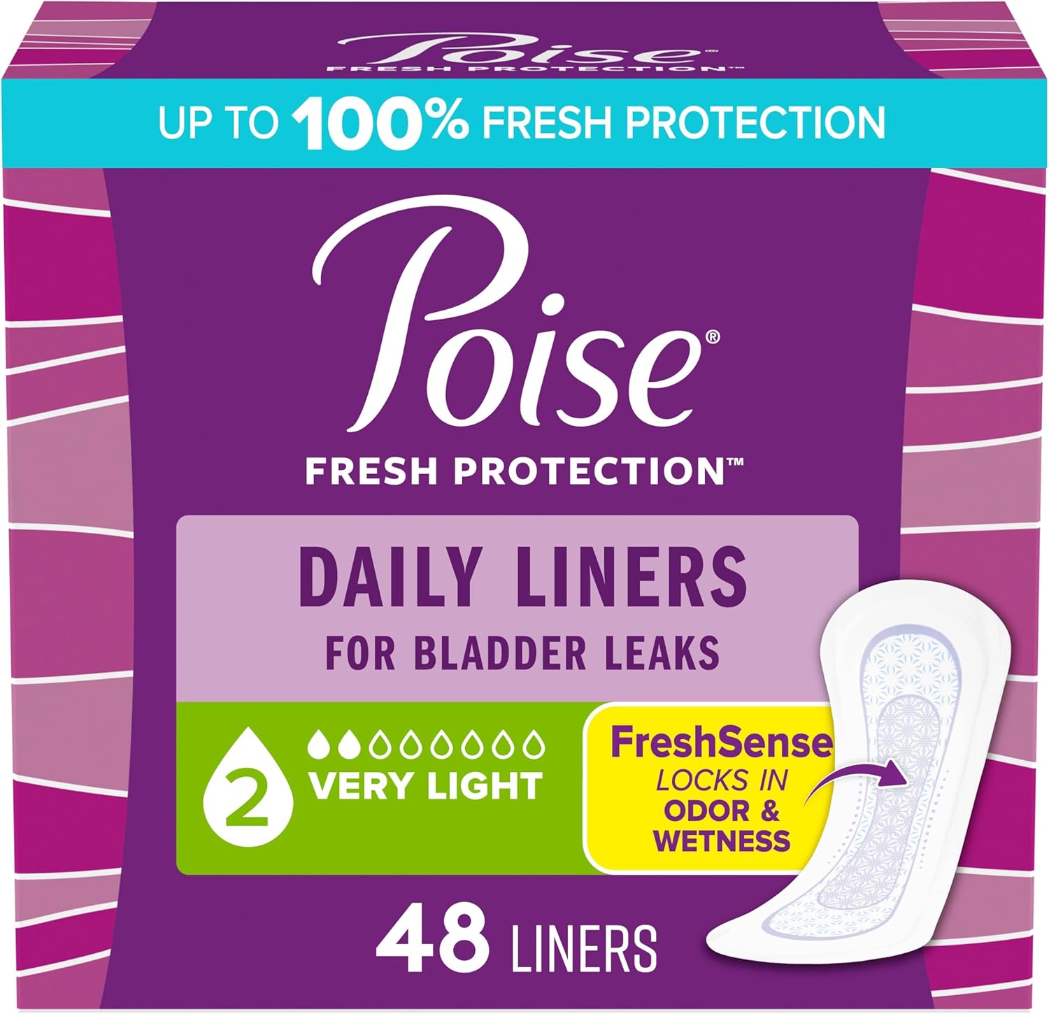 Poise Daily Liners 48 count front packaging for very light bladder leak protection.