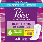 Poise Daily Liners 48 count front packaging for very light bladder leak protection.
