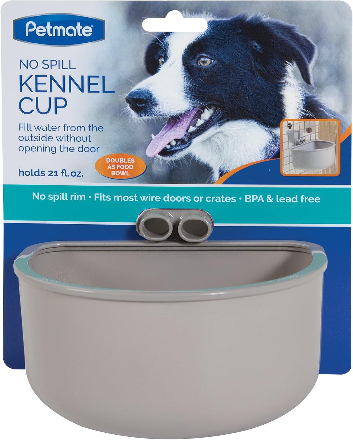 Petmate crate cup mounted securely on a wire kennel door
