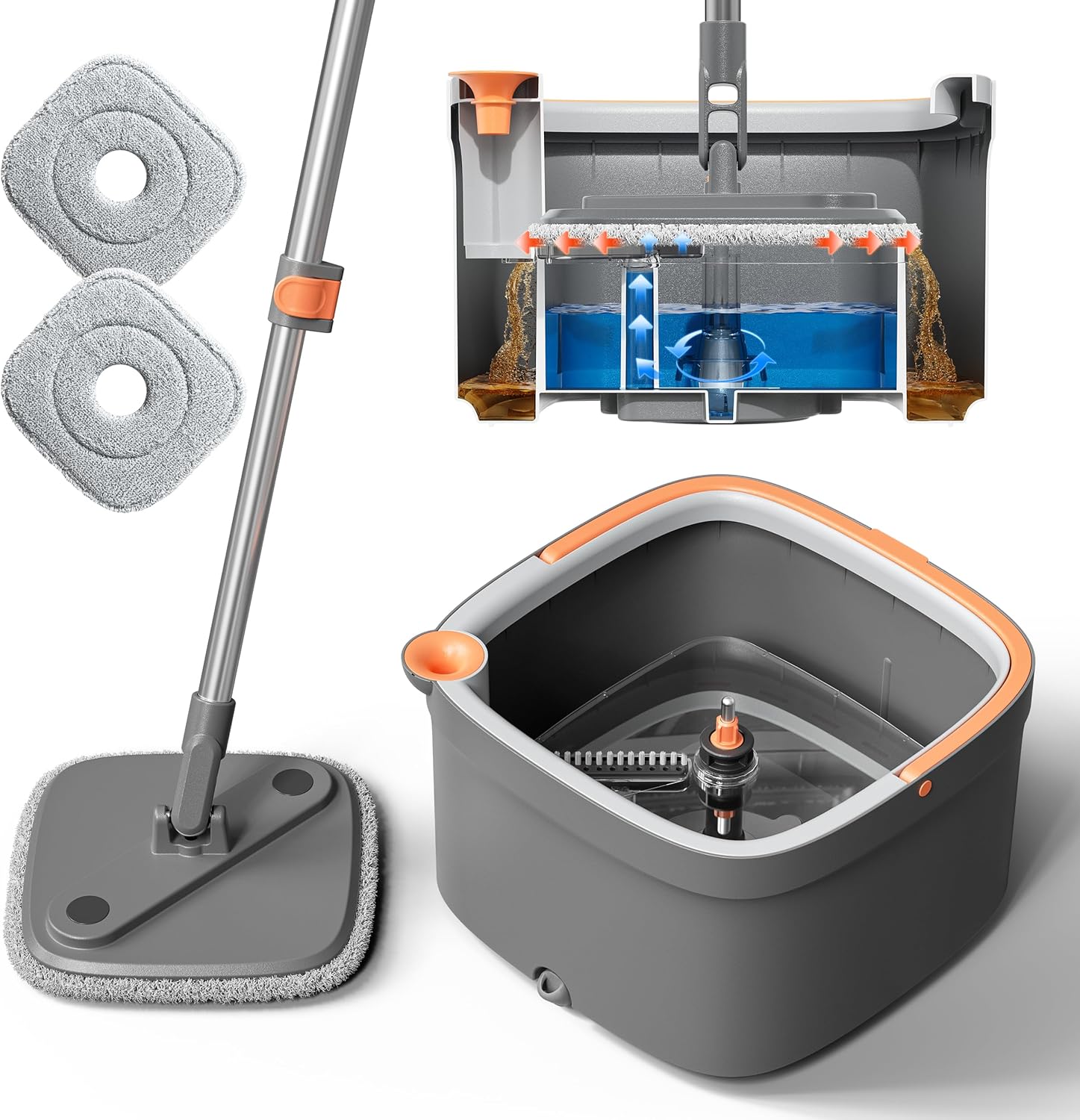 KZKR Spin Mop and Bucket Set front view showing the grey and orange self-separation system.