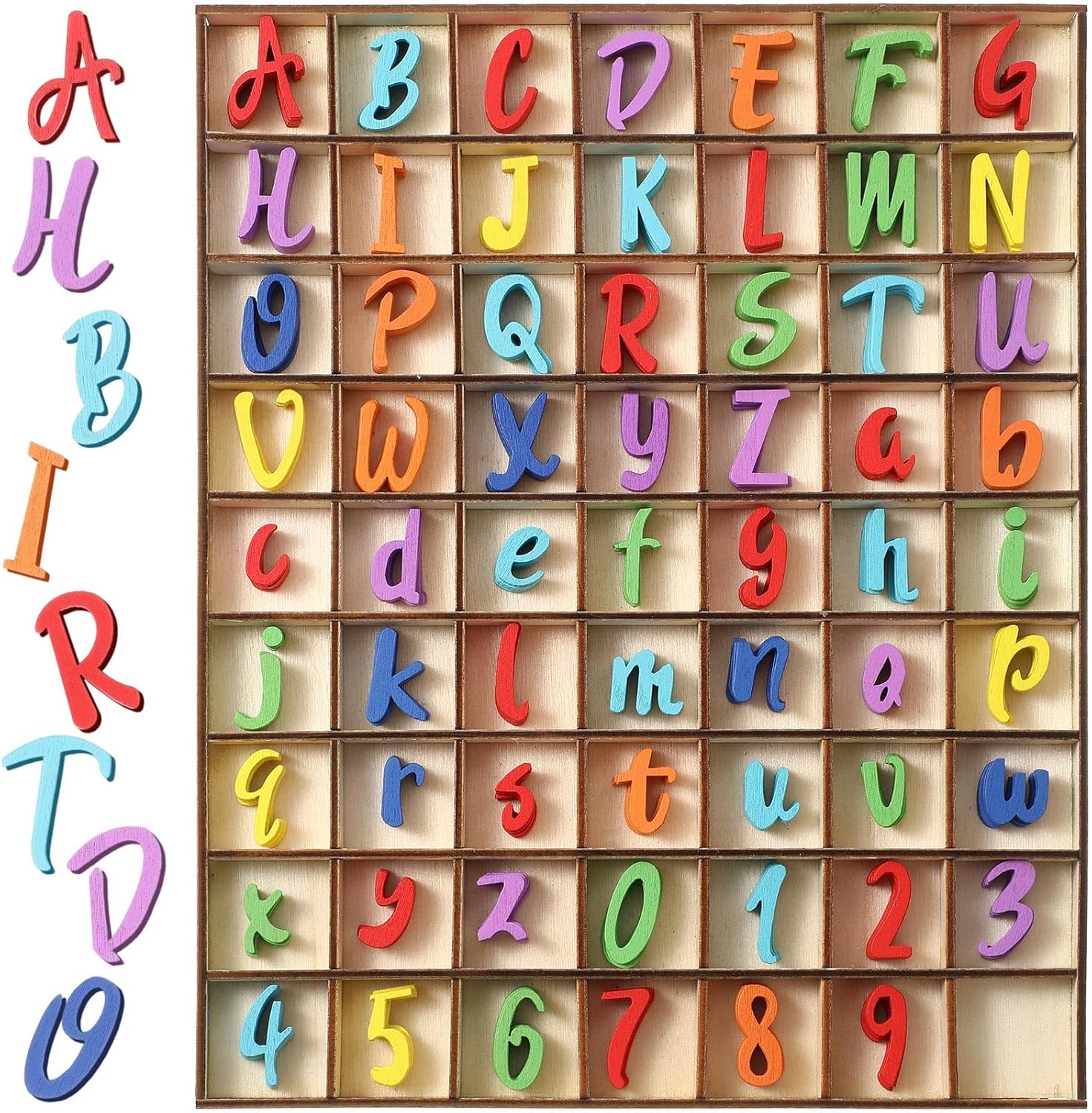 Blulu 248 piece wood alphabet letters and numbers set front view organized in tray