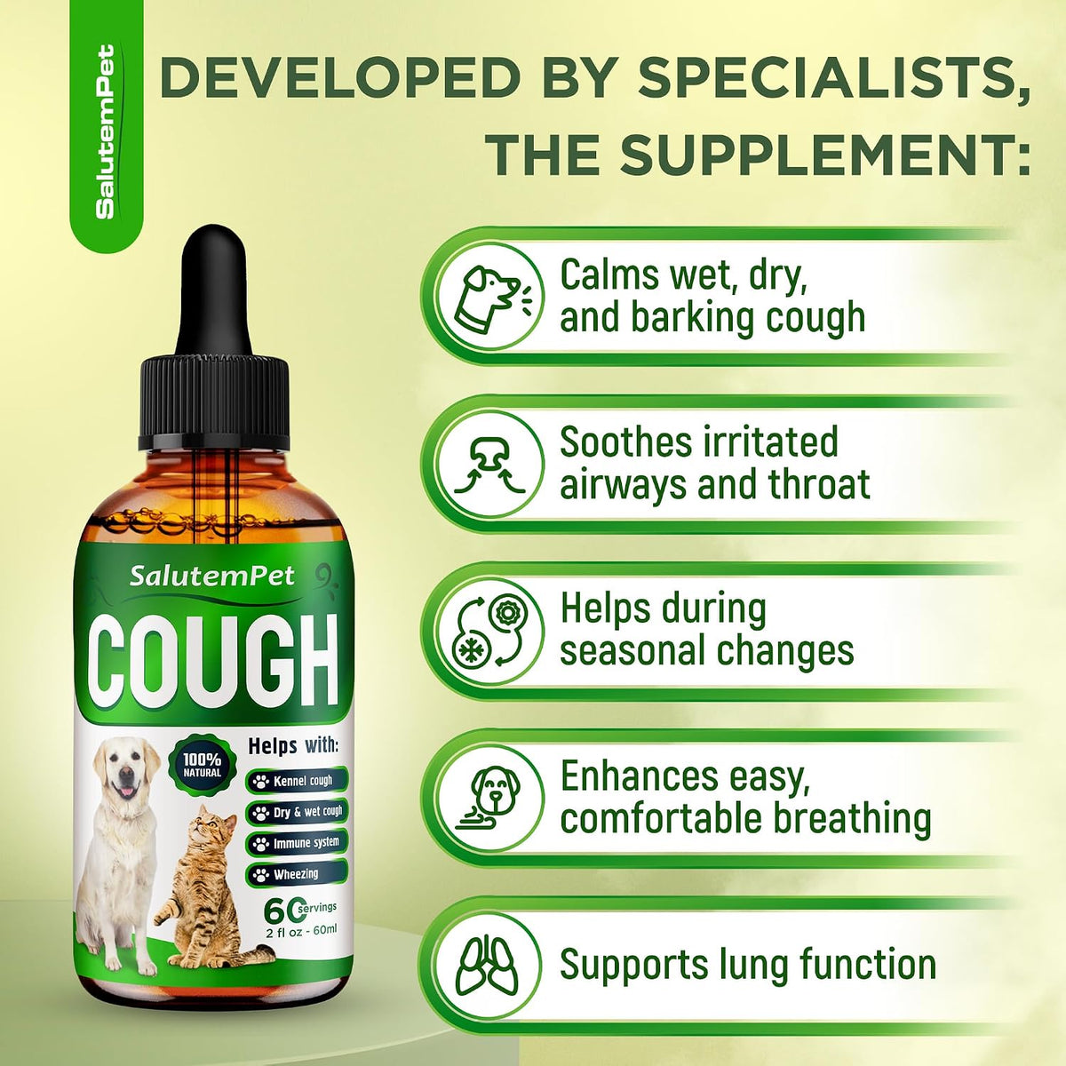SalutemPet pet cough liquid supplement dropper pipette highlighting easy dosage application for dogs and cats.