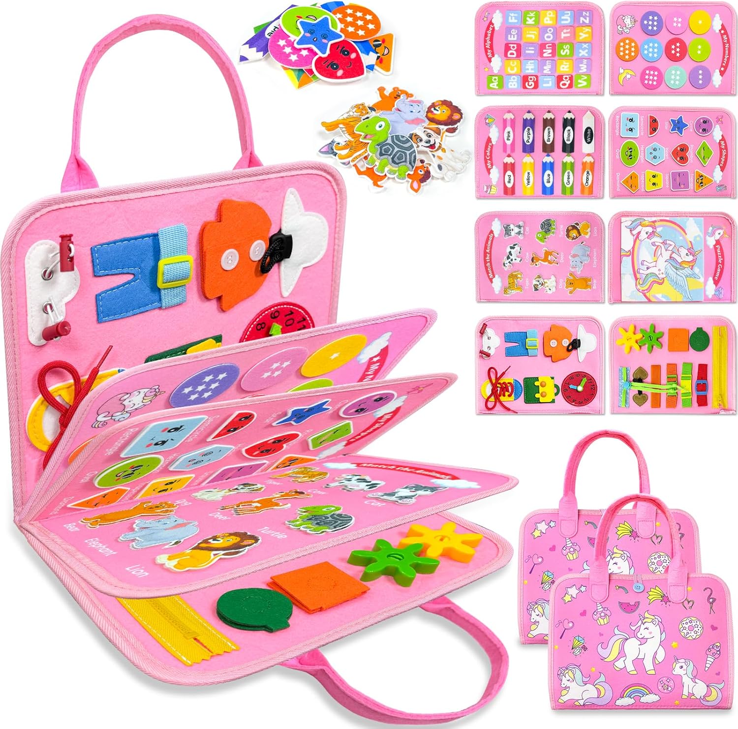 Walenty Montessori Busy Board front view with pink unicorn theme