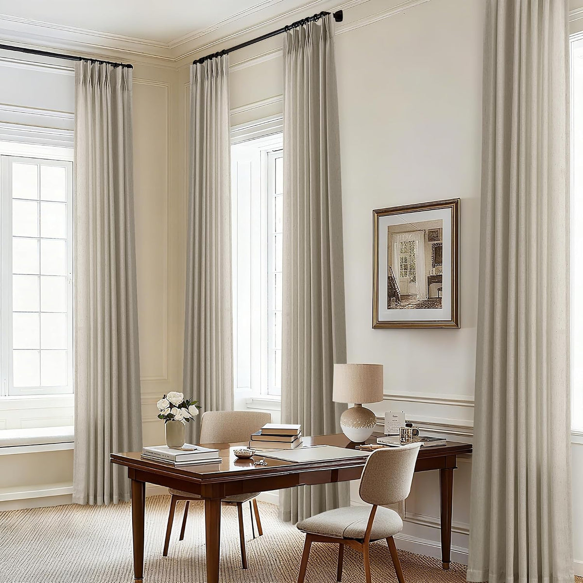 Extra Wide Pinch Pleated 96 Inch Long Linen Curtains 100 Inches Wide | Light Filtering Semi Sheer, Greyish Beige, Ceiling Curtain, for Living Room Patio Glass Sliding Door, Pleat, 96 Inches, 8FT - Image 12