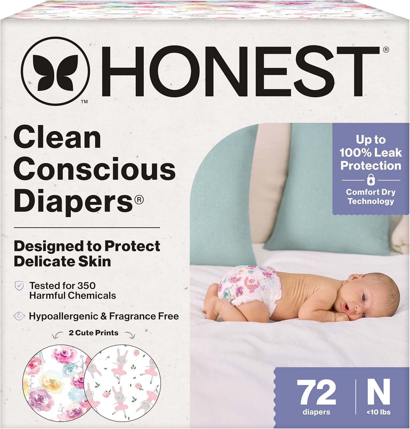 The Honest Company Comfort Dry Disposable Daytime Diapers for Sensitive Skin, Hypoallergenic, Rose Blossom + Tutu Cute, Club Box Size Newborn 72 Count - Image 1