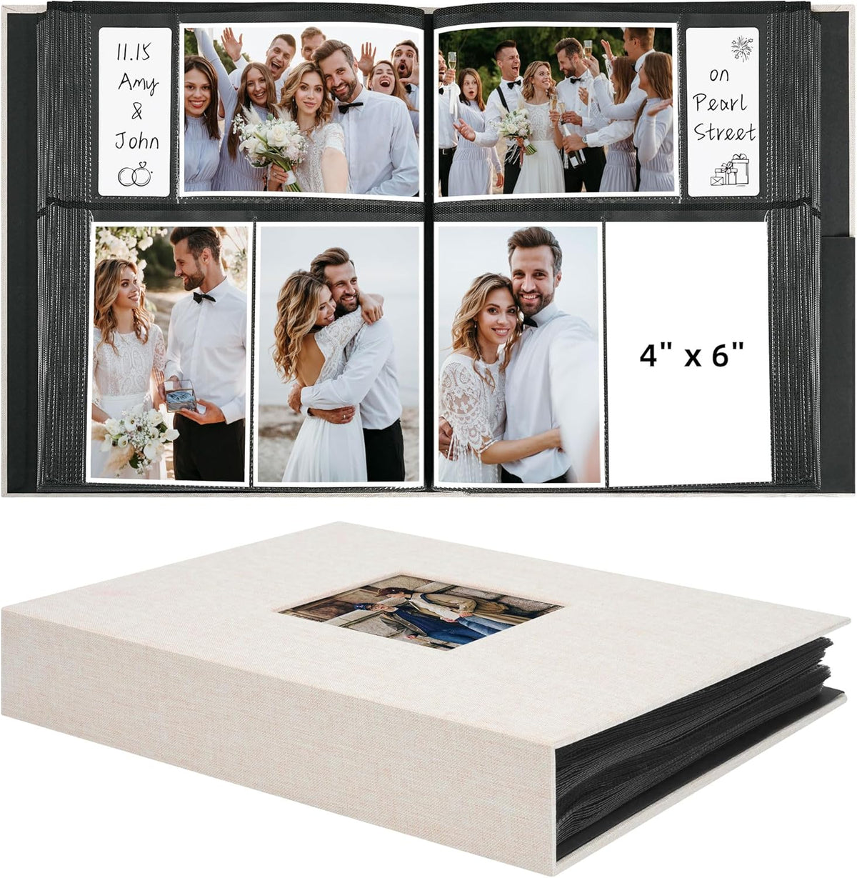Vienrose fabric cover photo album beige front view showcasing the personalized picture window layout