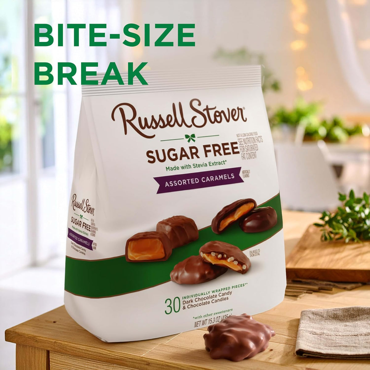 Keto friendly zero sugar assorted chocolate caramels by Russell Stover brand