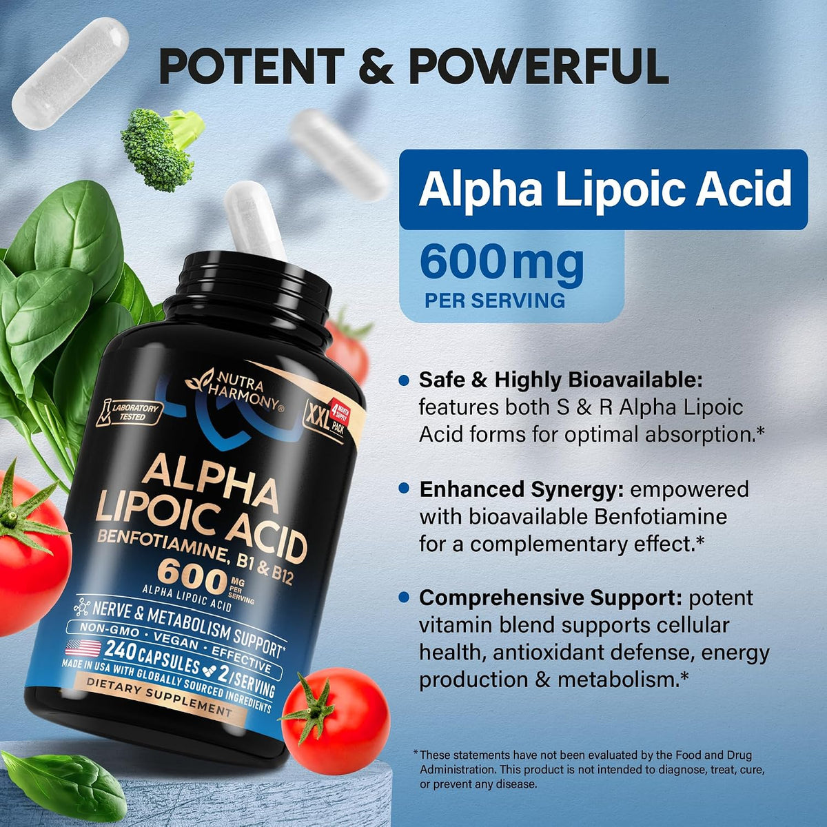 NutraHarmony Alpha Lipoic Acid vegan and non-GMO certification icons