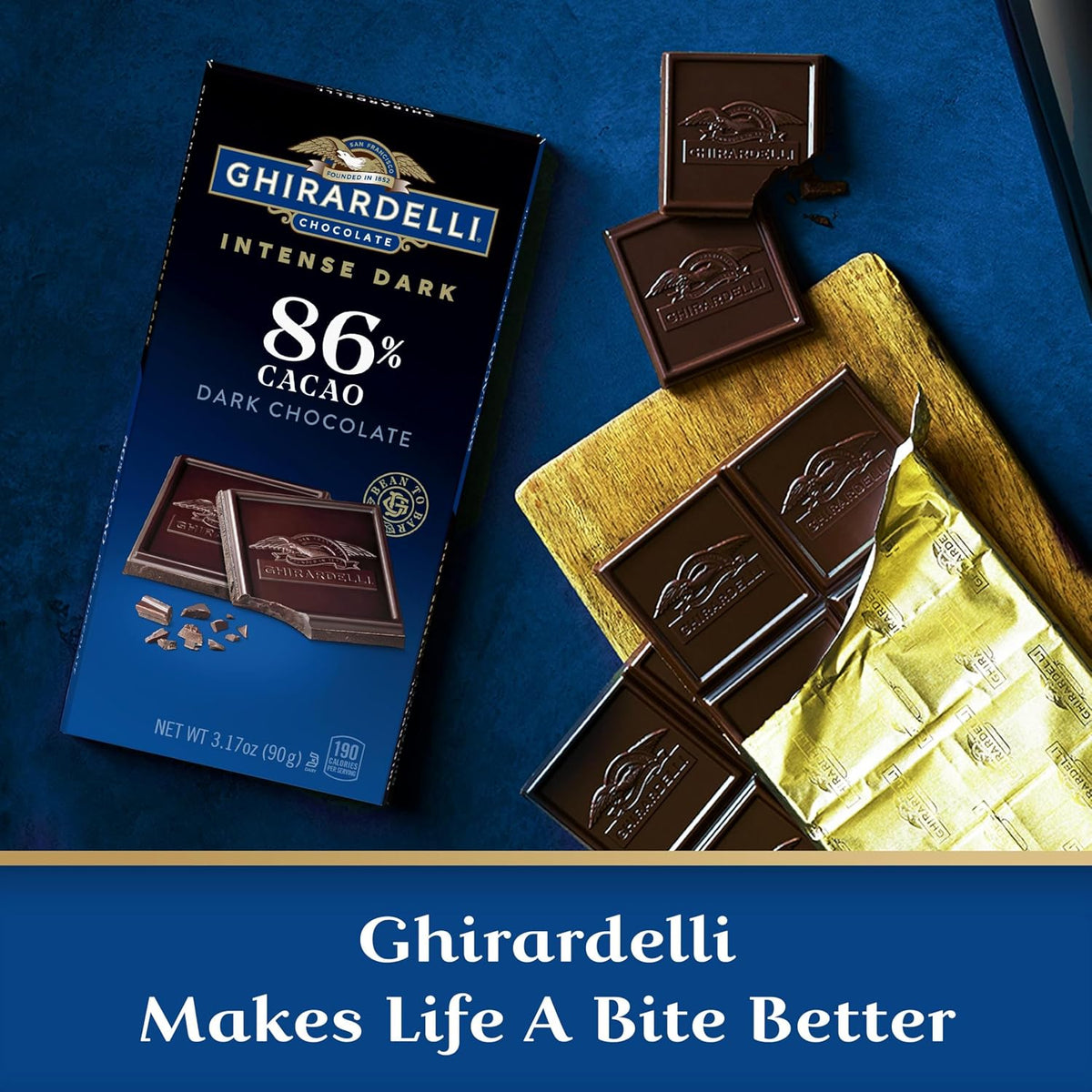 Ghirardelli eighty six percent intense dark chocolate packaging back details and nutritional info