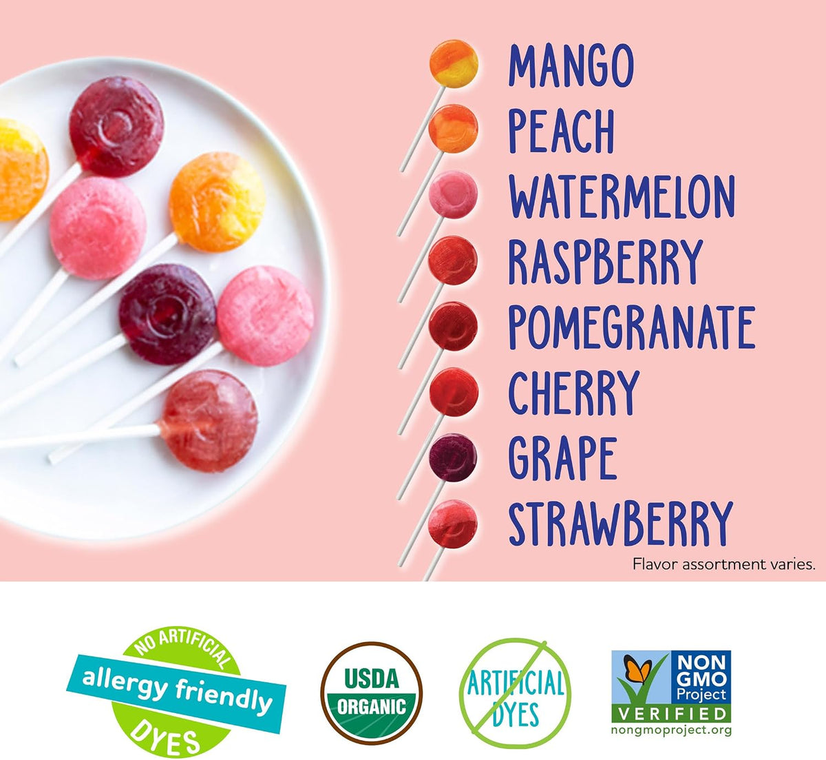 Back panel of YumEarth Organic Pops displaying the nutrition facts and allergy friendly certifications.