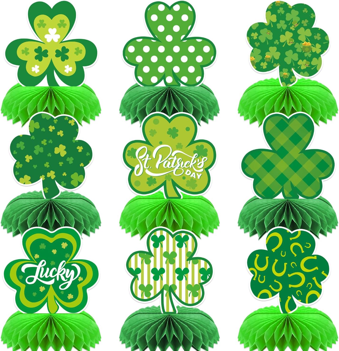 Haolongfa 9 Piece St Patricks Day honeycomb centerpieces set front view