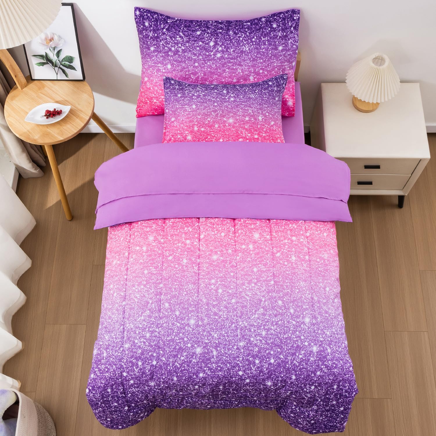 JQinHome toddler bedding set front view showcasing pink purple comforter on bed