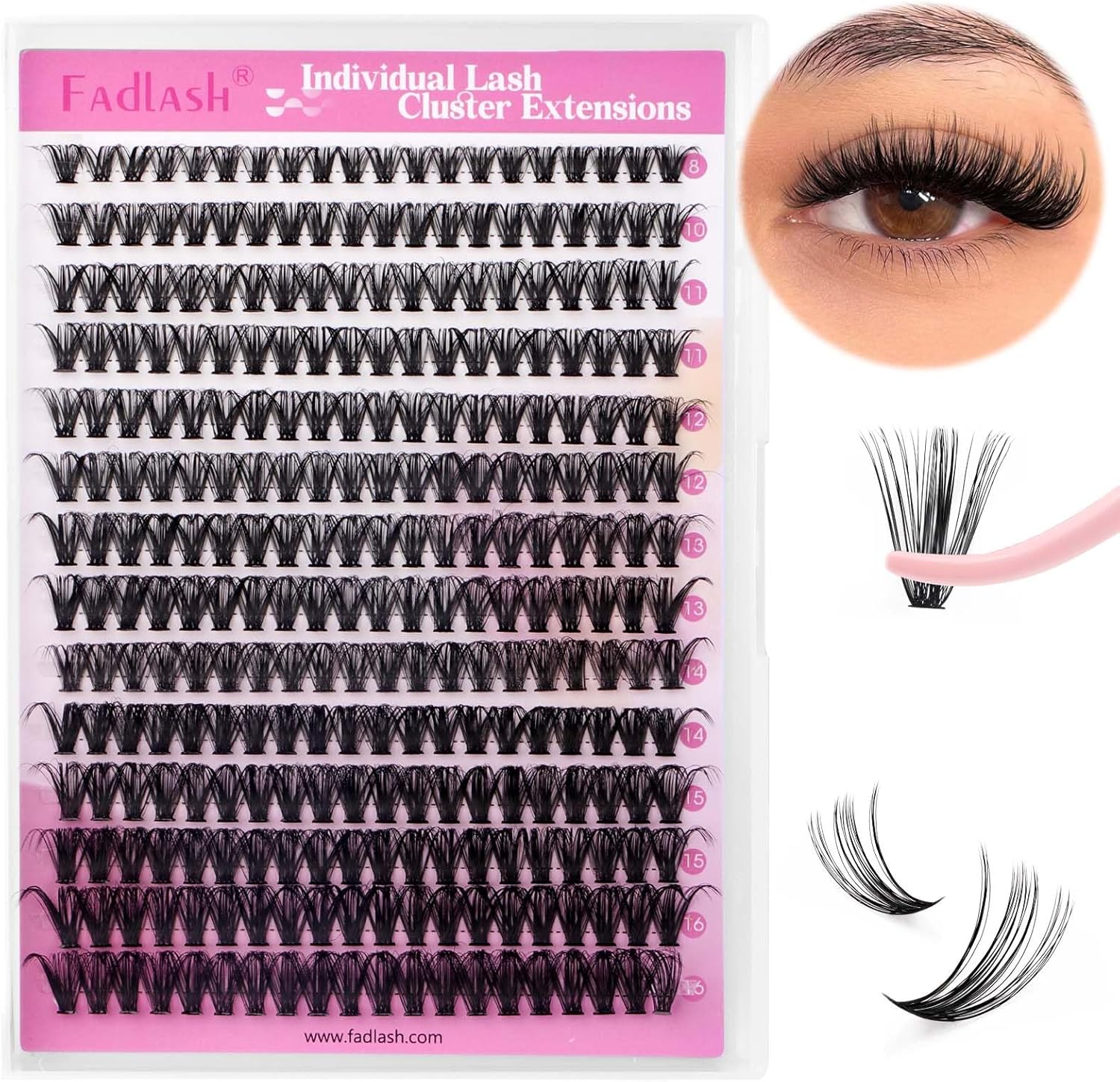 Fadlash DIY Lash Clusters individual eyelash extension tray front view showing mixed lengths from 8 to 16 millimeters.