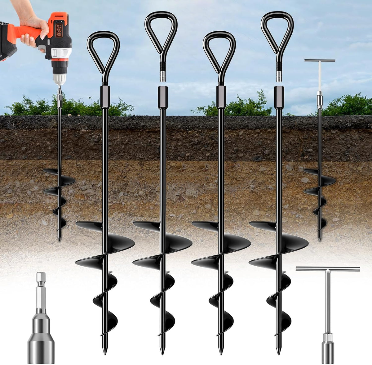 Phopich ground anchor front view of the 18 inch steel spiral anchor kit.