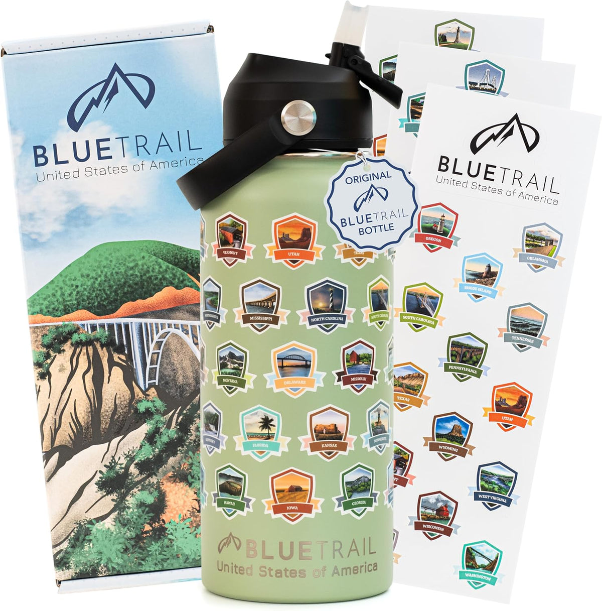 BlueTrail 50 States Water Bottle with Stickers - 32 oz Insulated Stainless Steel, Upgraded Leak-Proof Lid, UV & Waterproof Permanent Stickers, Laser Engraved 50 States of the USA (Black) - Image 12