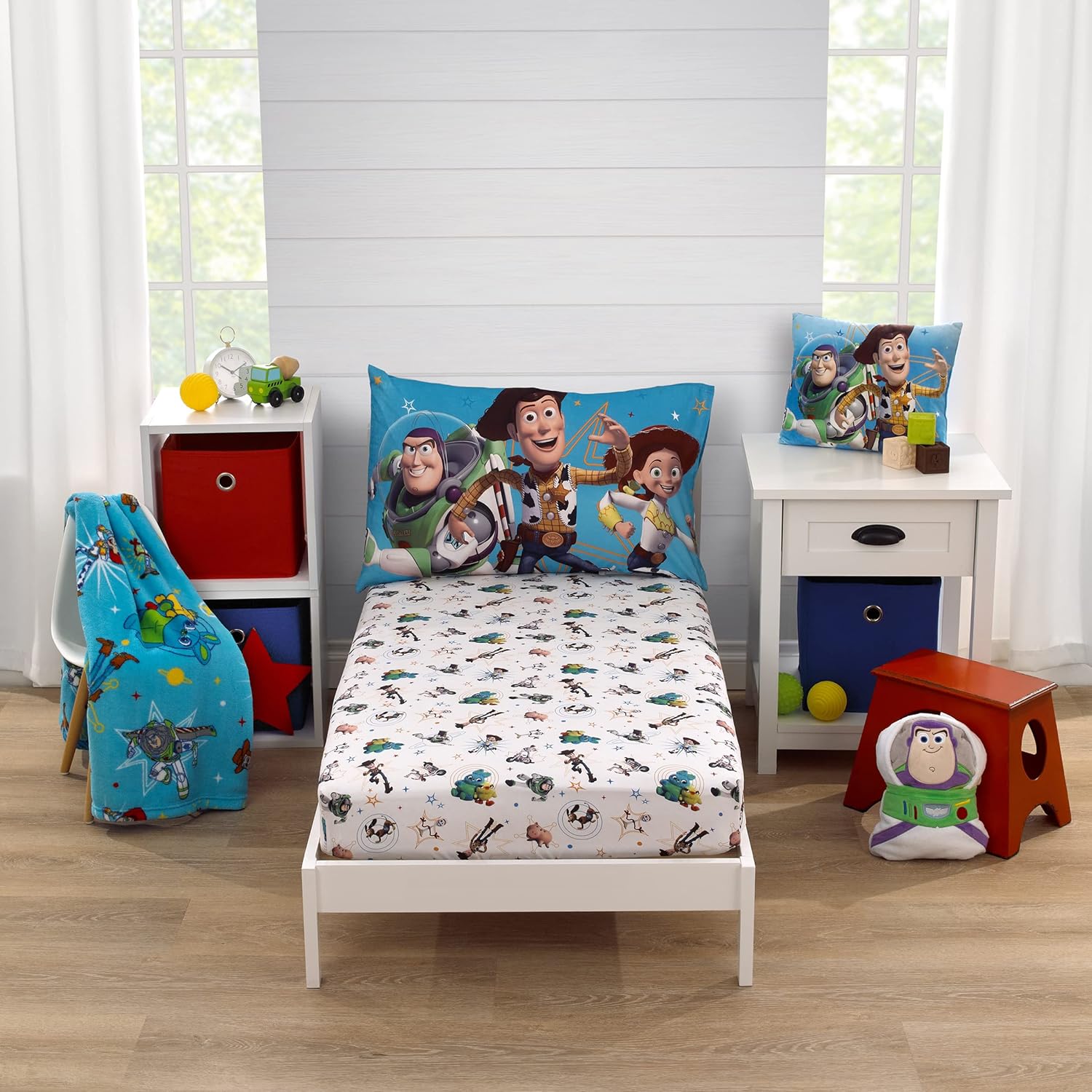 NoJo Disney Toy Story toddler bedding set front view showing Woody and Buzz Lightyear pattern