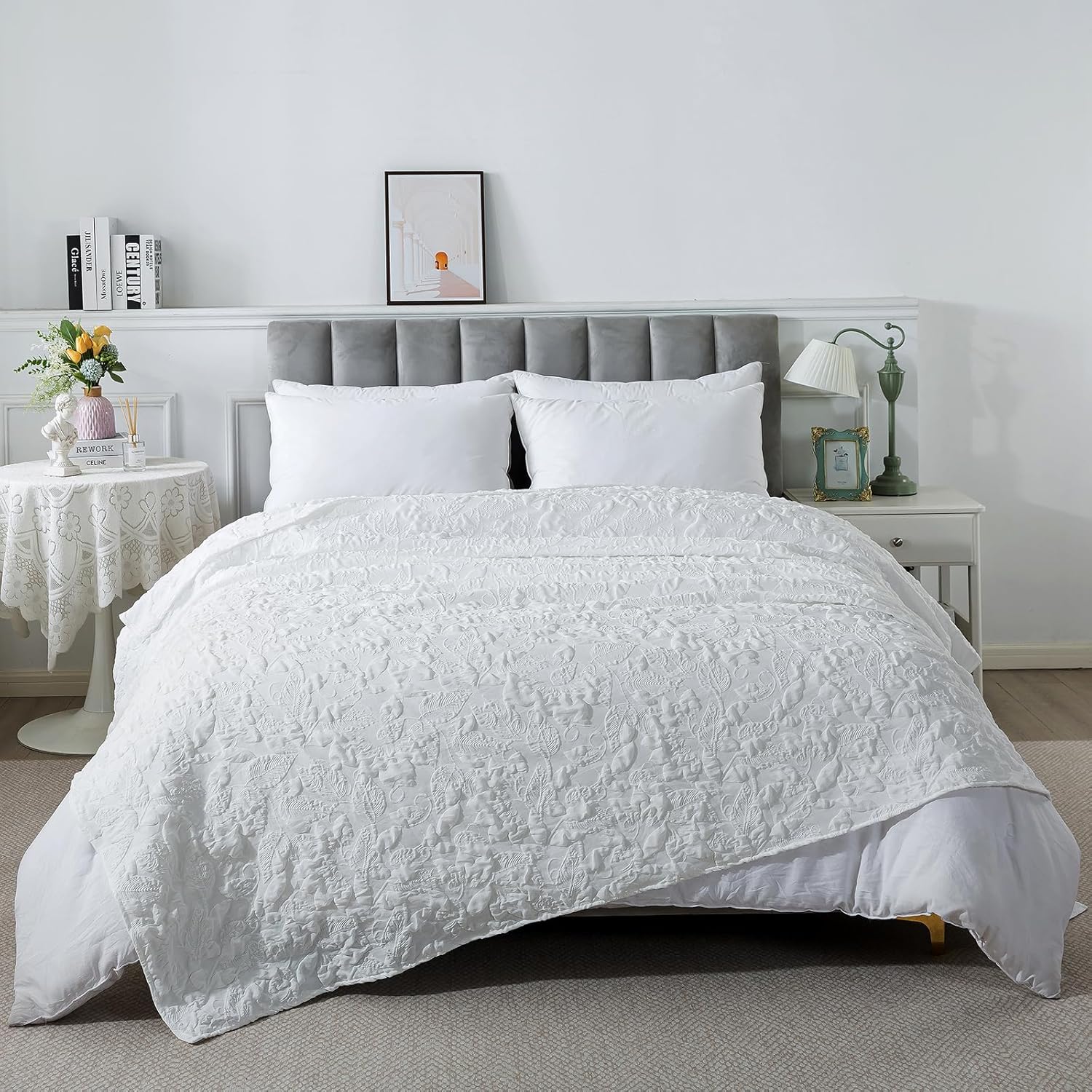 Caressma white queen size coverlet with 3D boho jacquard texture front view