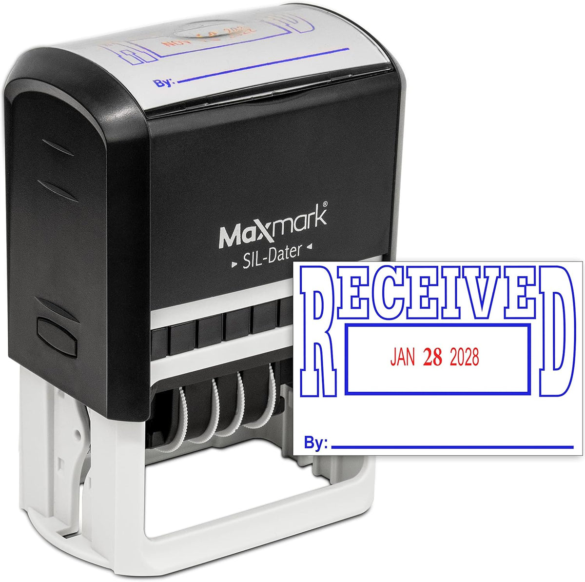 MaxMark large self-inking rubber date office stamp front view