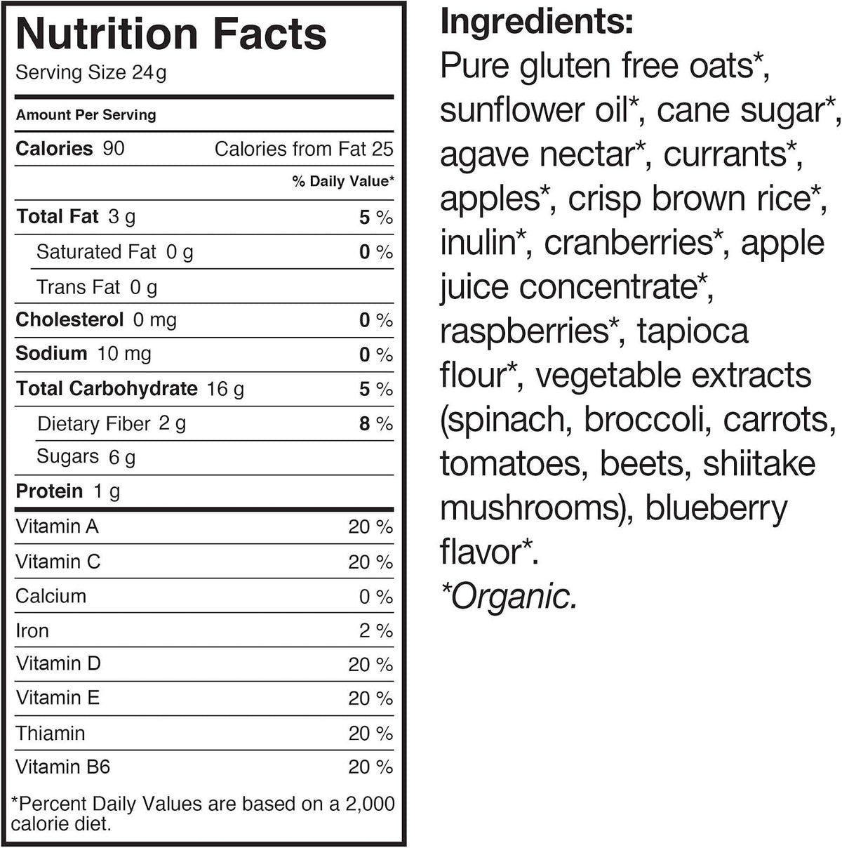 Back view of Made Good granola nutrition facts label