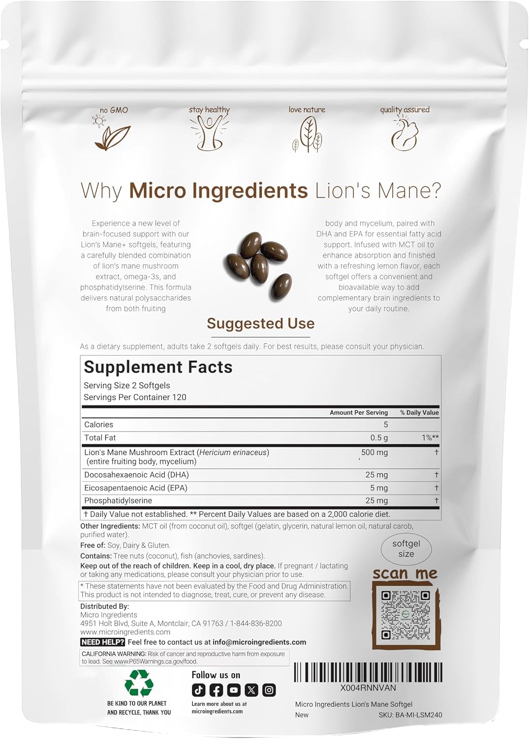 Micro Ingredients cognitive supplement nutrition facts panel and ingredient label