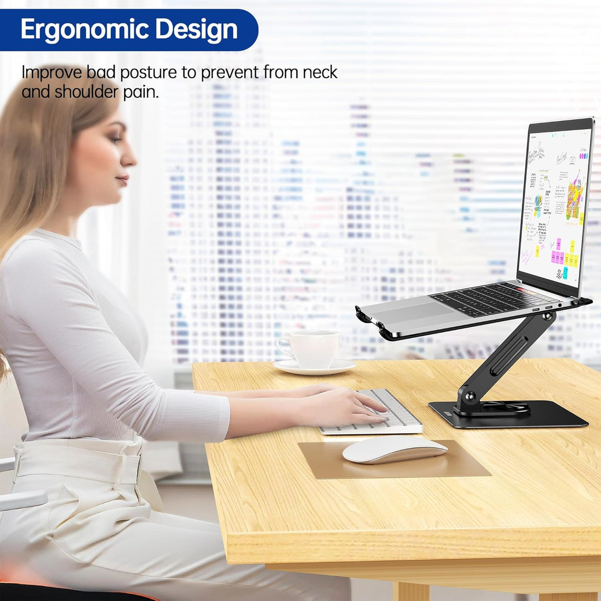 Besign ergonomic laptop stand demonstrating open ventilation design for cooling.