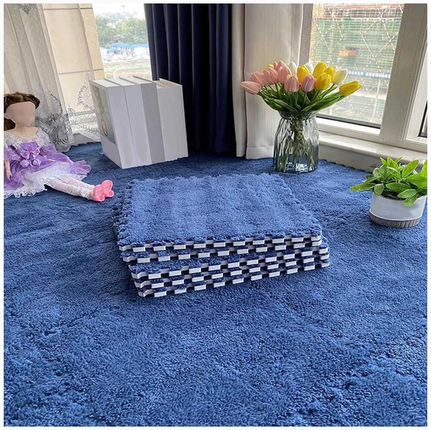 Generic 24-piece plush navy blue interlocking foam floor mats.