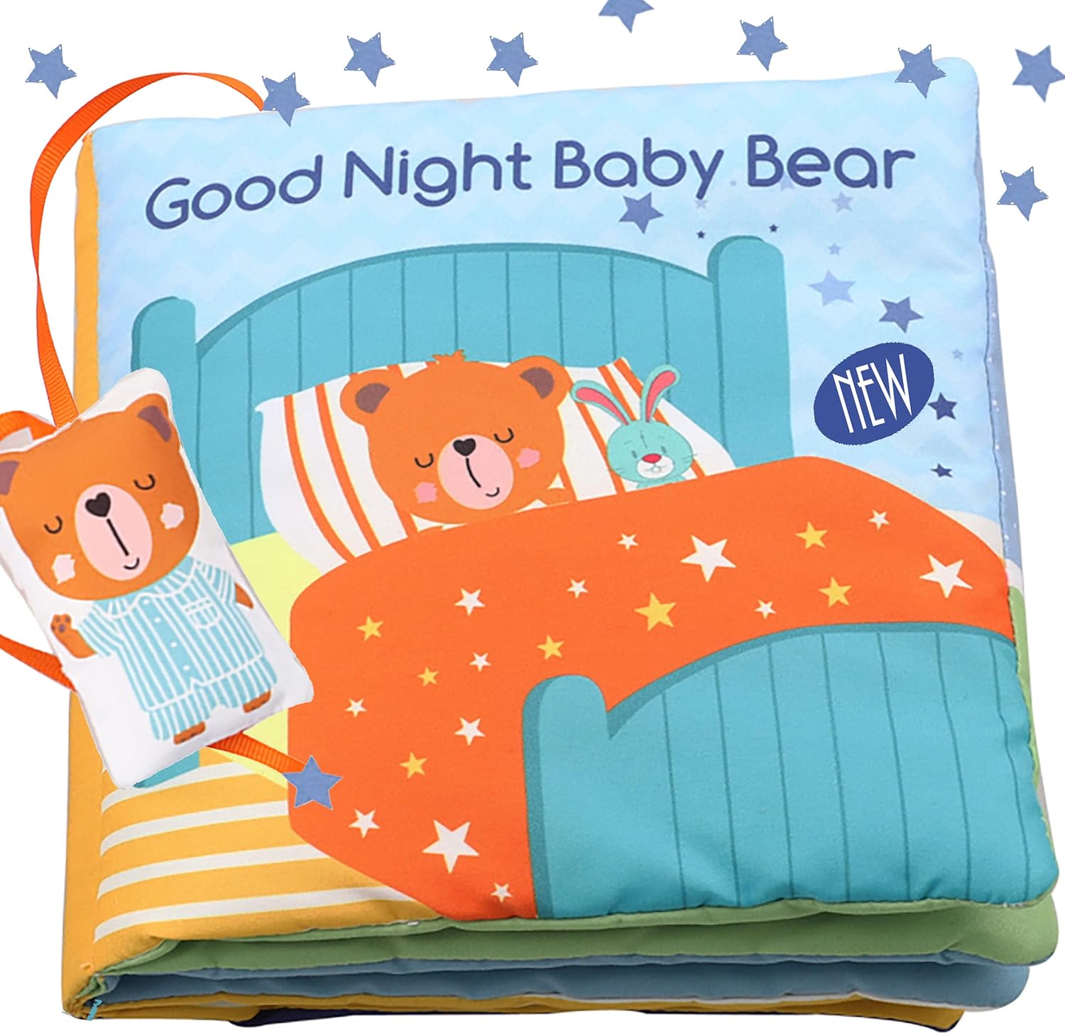Bebe Mondo Teddy Bear Baby Book front view showing the plush bear and colorful cover fabric.