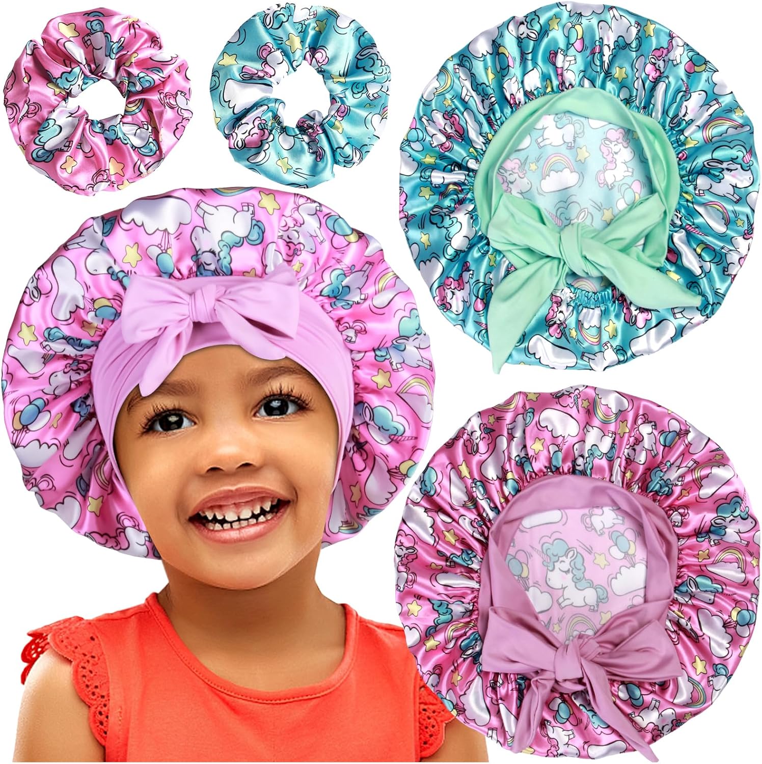 2+2 Satin Bonnets with Scrunchies for Kids, Cute Hair Bonnets for Girls Sleeping Curly Hair, E - Image 1
