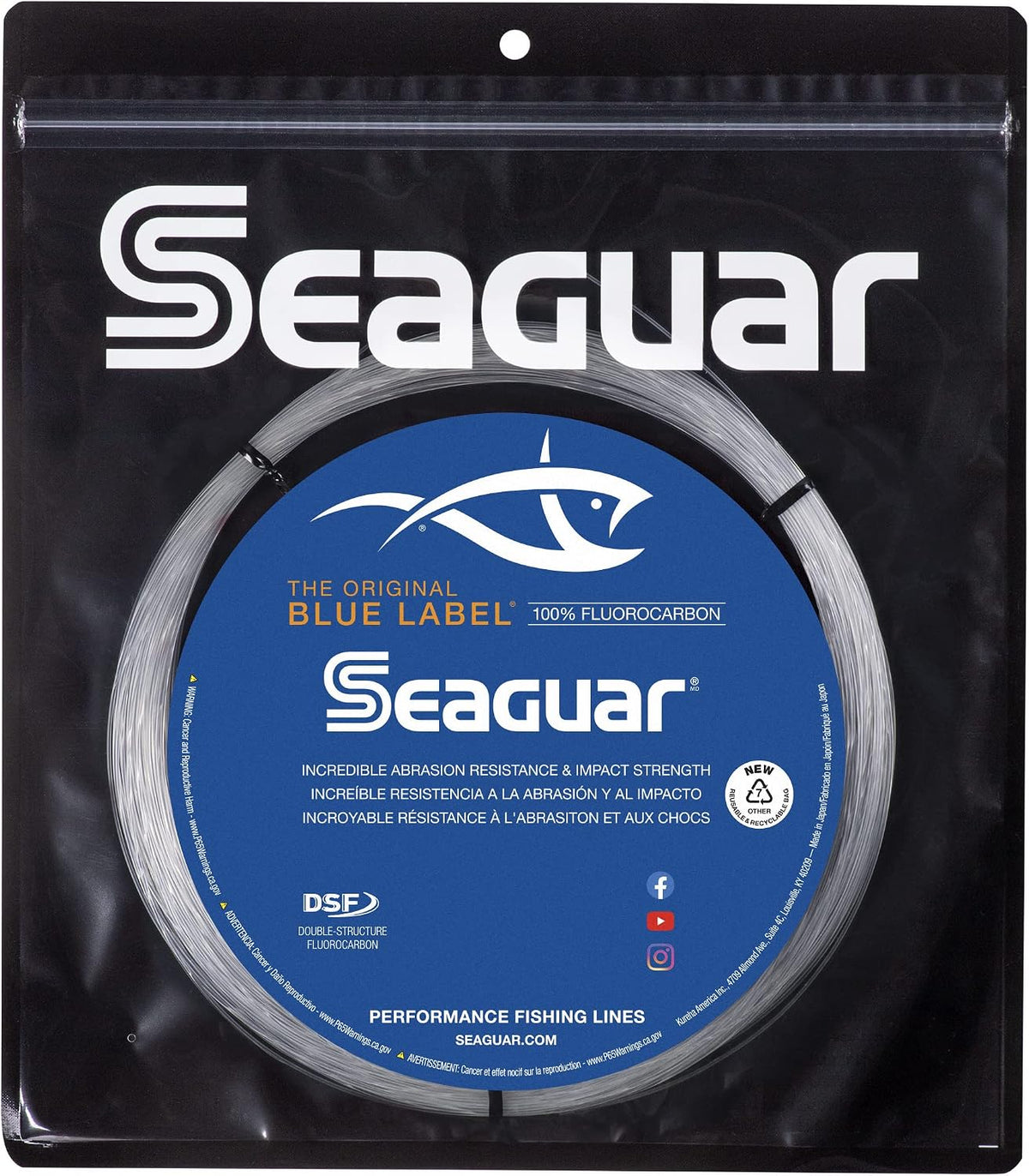 Seaguar Blue Label Big Game Fluorocarbon Leader front view spooled fishing line