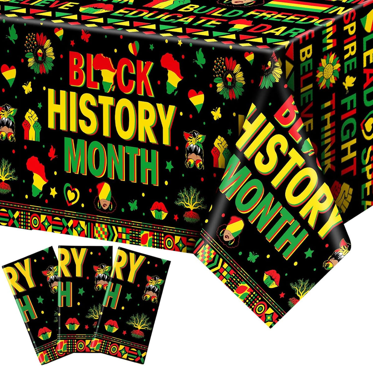 Fullhawl 3 Pieces Black History Month plastic tablecloth set front view