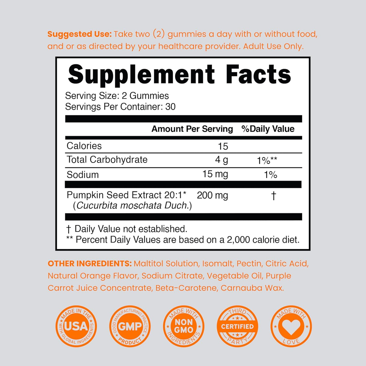 Vegan and non-GMO certification icons on supplement bottle