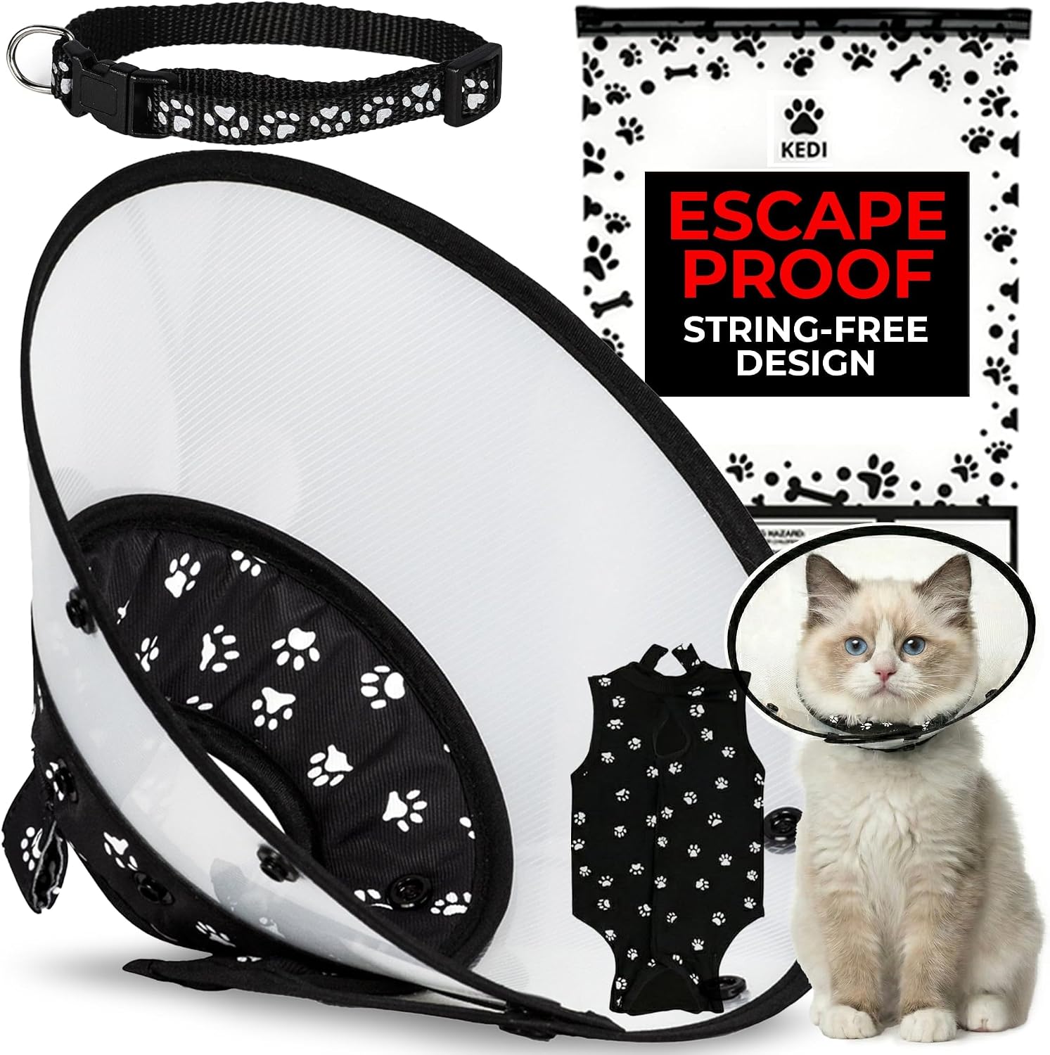 Kedi Cats Solutions Cat Recovery Cone Kit front view of black paw print soft collar on a cat