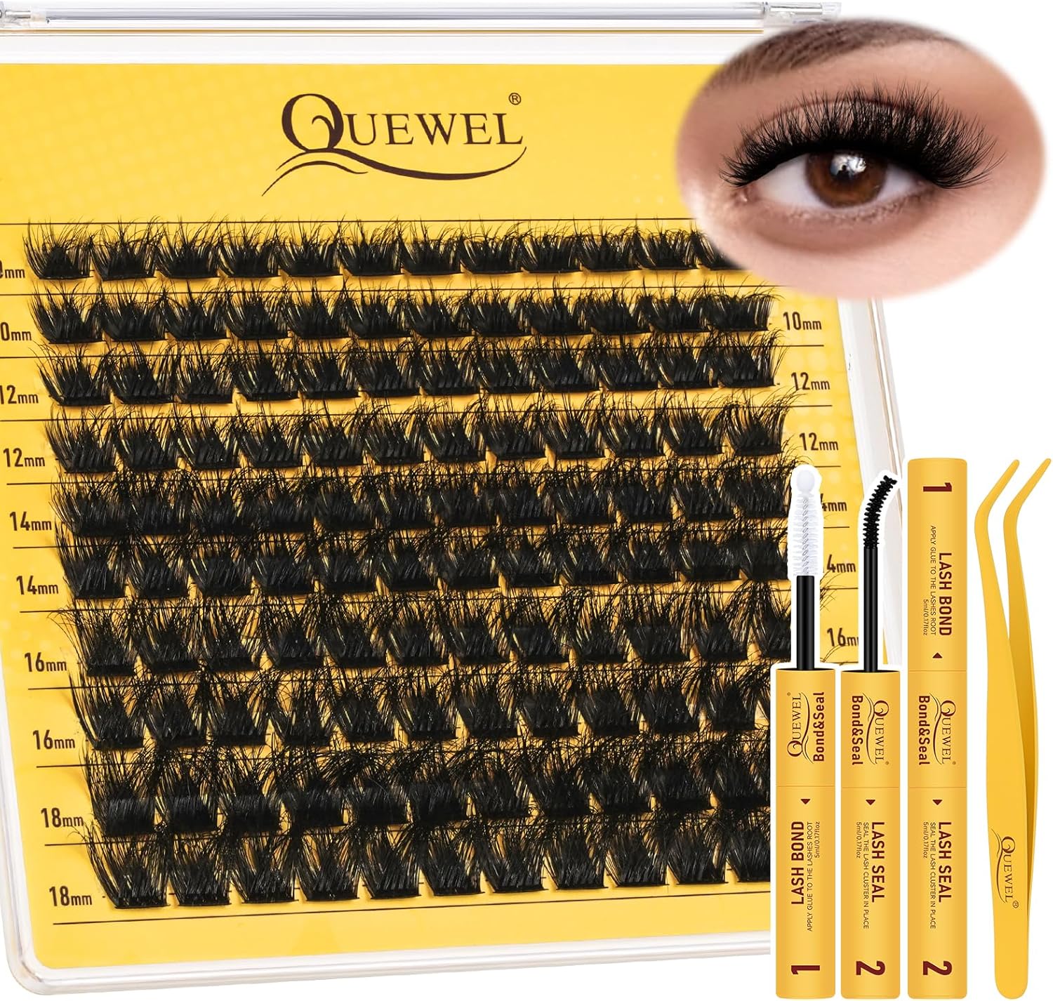 QUEWEL Lash-Clusters-Kit, DIY Lash Extension Kit 3D Effect Lash-Clusters Mix 10-18mm Eyelash Clusters with Lash Bond and Seal Lash Tweezers (3D Cloud A Kit) - Image 1