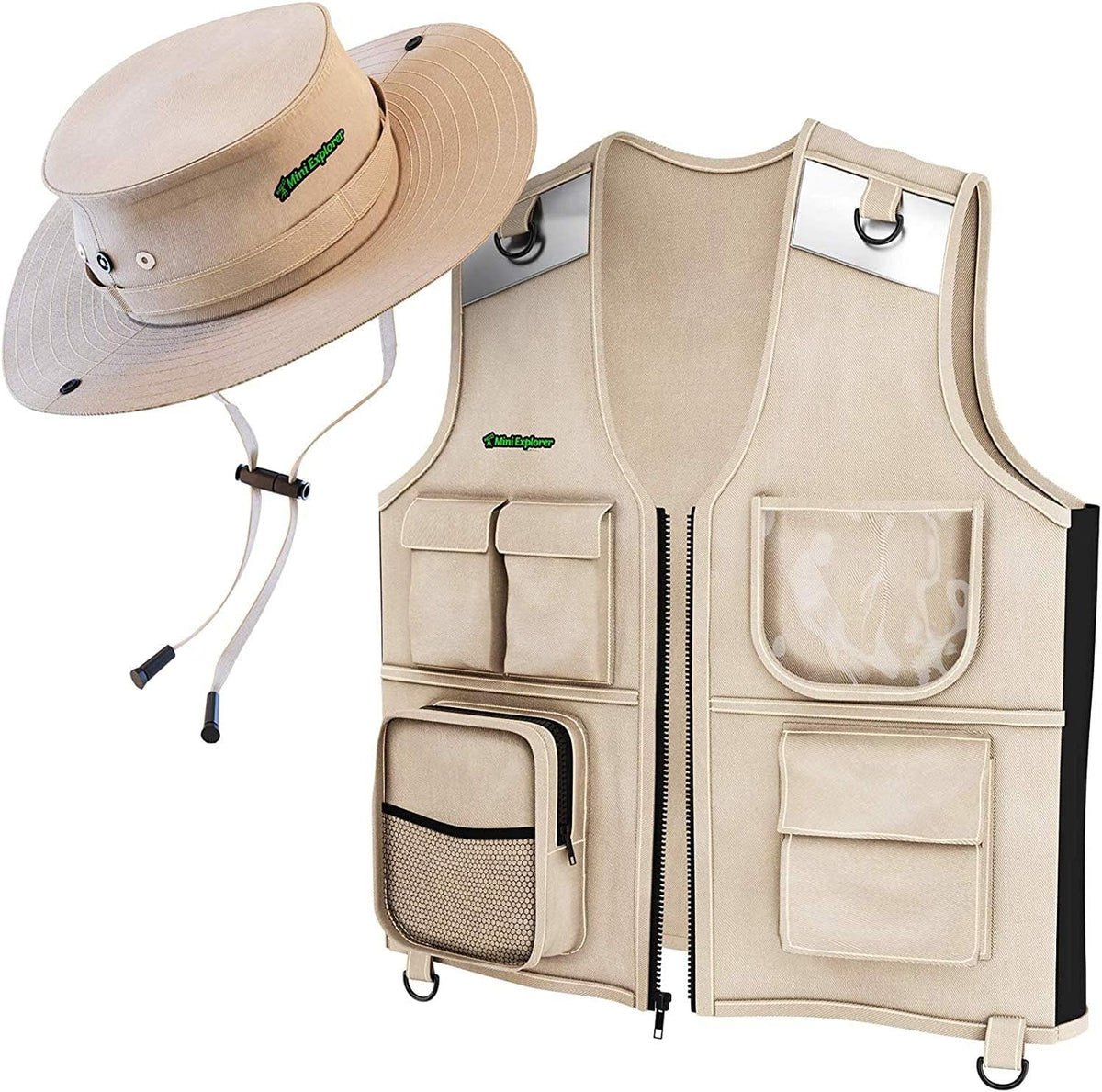 Mini Explorer kids outdoor cargo vest and hat set front view